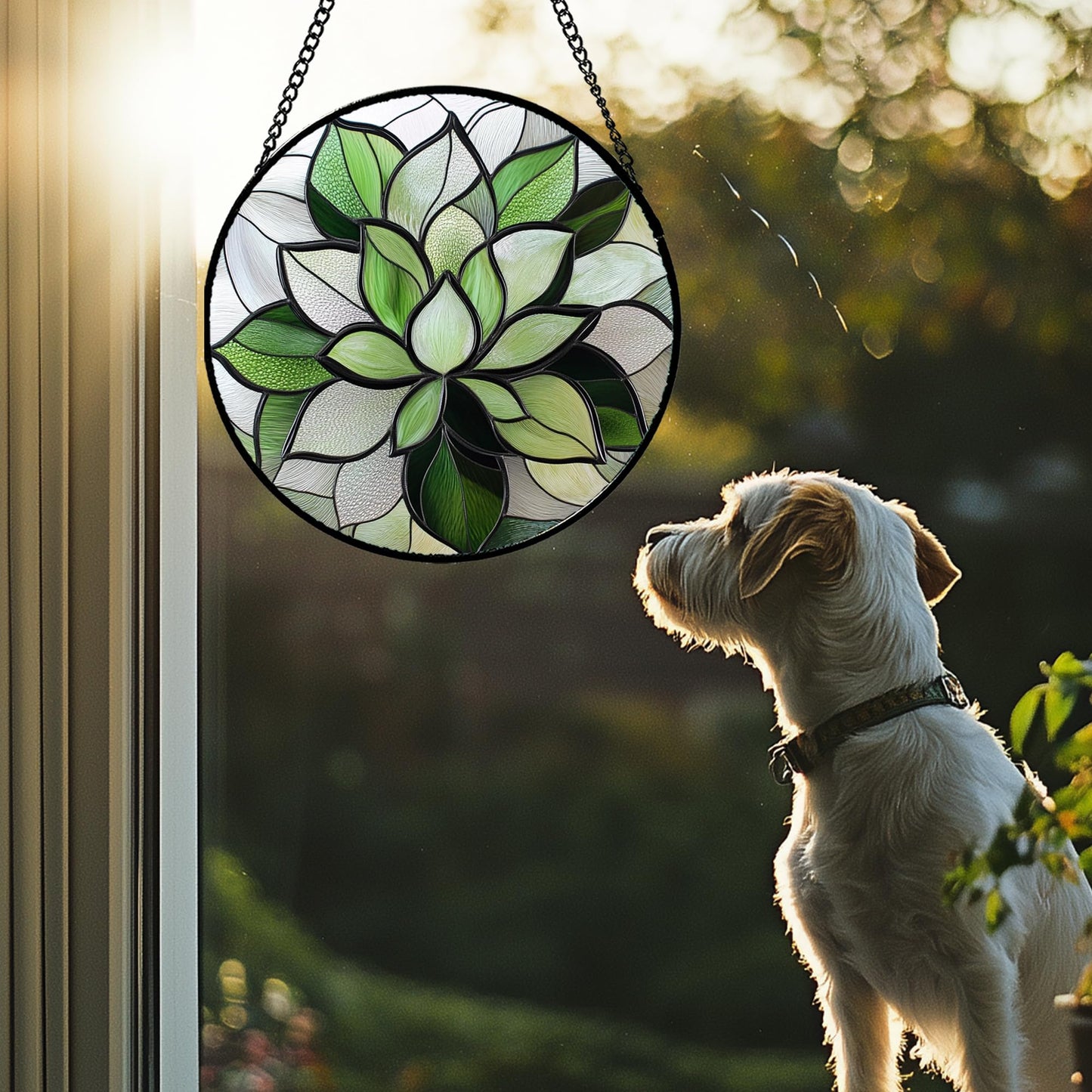 CRISGIF Stained Glass Window Hanging - Green Lotus Suncatcher for Door Garden Succulent Plant Sun Catchers Decor Mother's St. Patrick's Day Birthday for Women Mom Nana Grandma 7.8 in