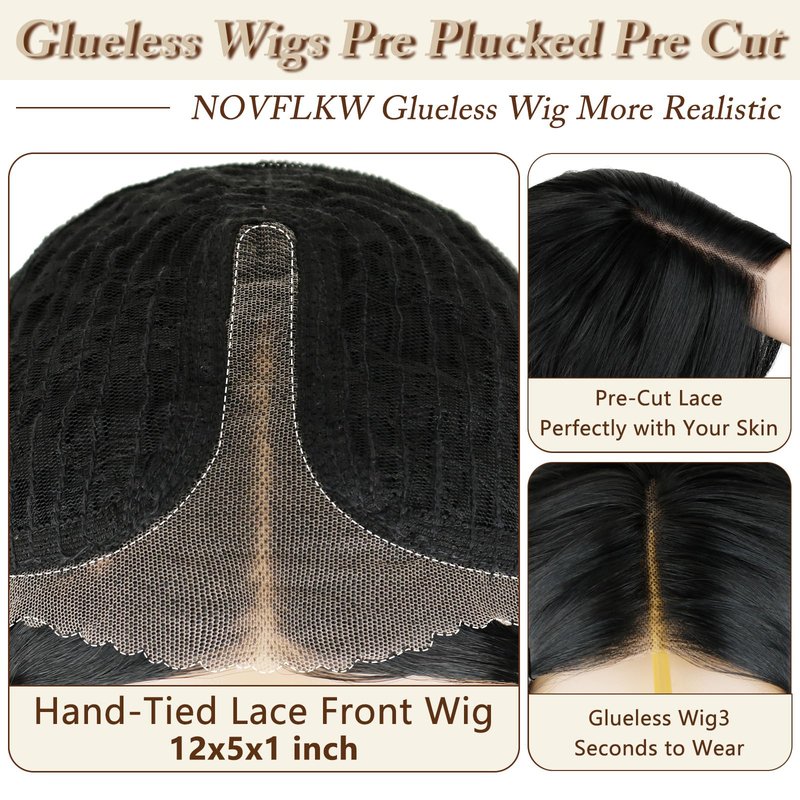 NOVFLKW Black Short Wavy Wig for Women Shoulder Length Middle Part with Pre Cut Lace Hairline Wavy Wig Natural Appearance Synthetic Heat Resistant Fiber for Everyday Hairstyle 16 Inch