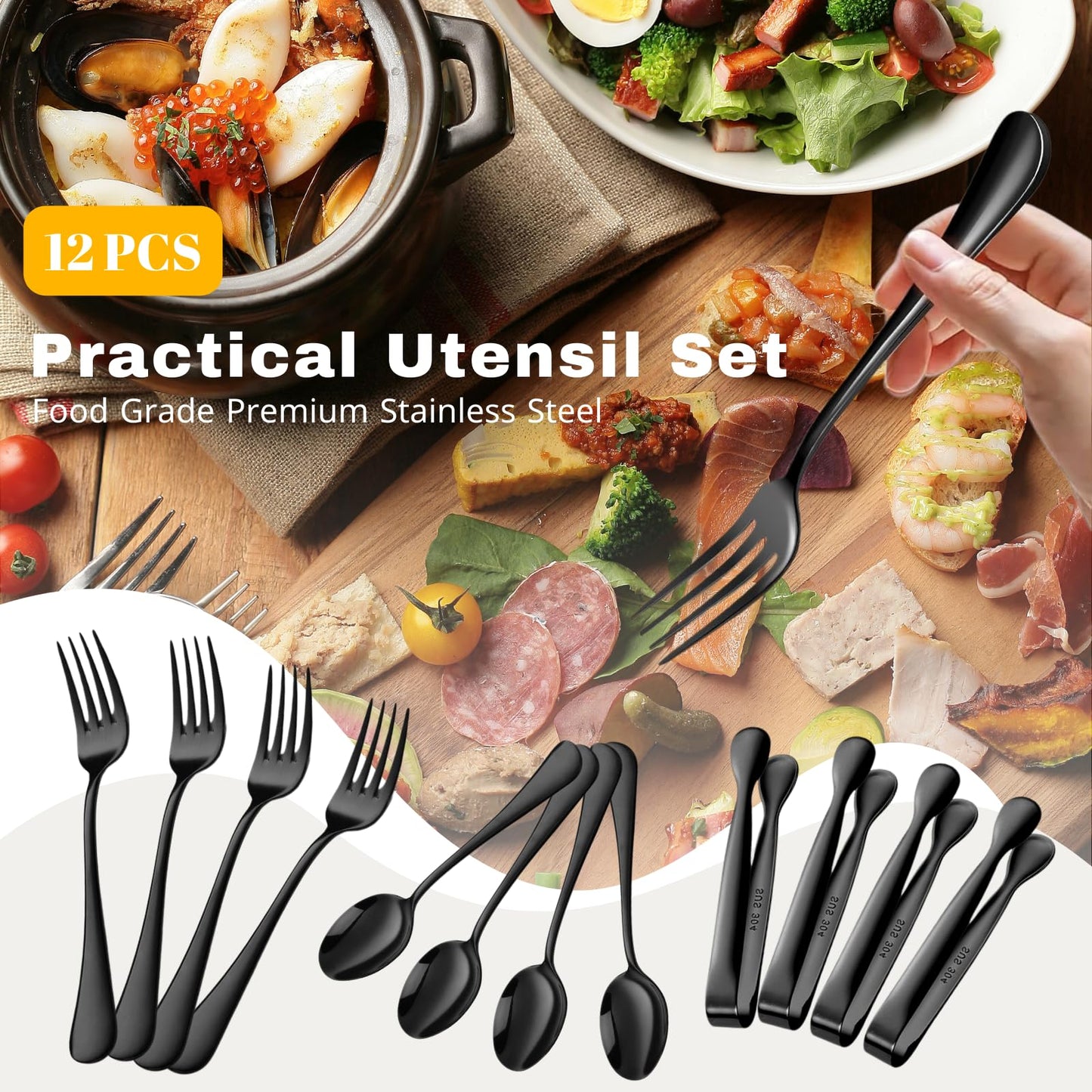 Charcuterie Board Accessories Set - Cheese Knife & Spreader, Charcuterie Cocktail Picks, Small Serving Bowls, Cheese Markers & Mini Tongs for Valentine Charcuterie Platter & Grazing Board (Black)