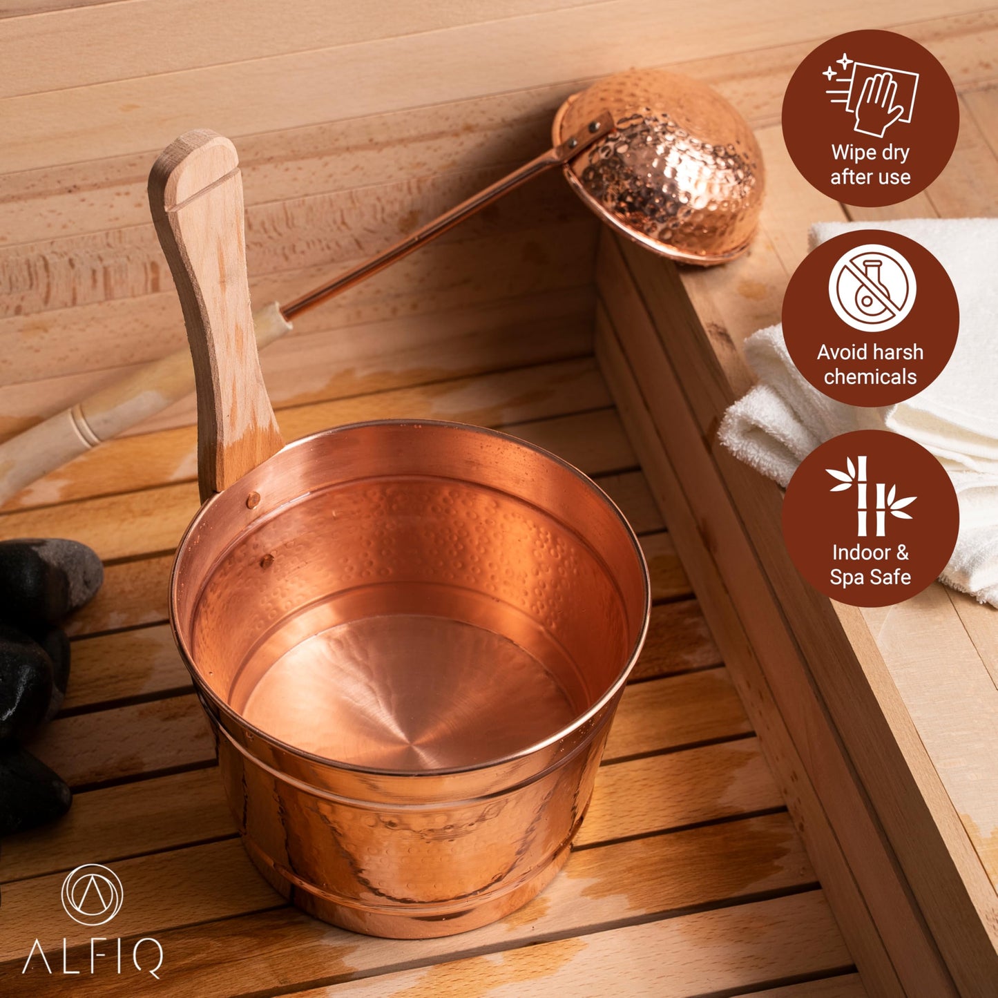 ALFIQ Hammered Copper Sauna Bucket & Ladle Set - Handcrafted Pure Copper Turkish Hammam Spa Accessory, Traditional Sauna Water Bucket with Wooden Handle, Polished Finish, Durable Artisan Design