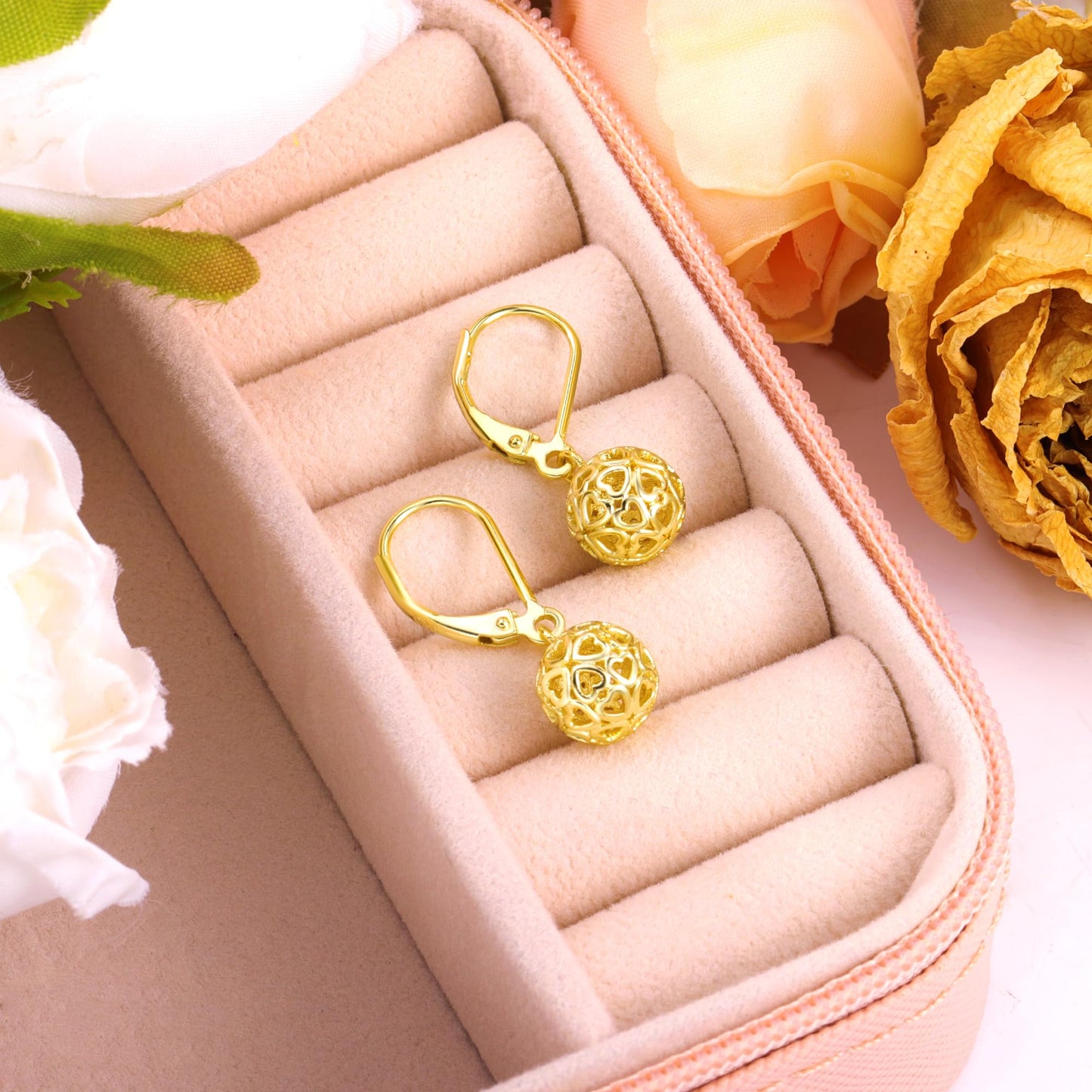 LANCHARMED 14K Gold Ball Dangle Drop Earrings for Women, 925 Sterling Silver Trendy French Style Heart Leverback Earrings Hypoallergenic Jewelry