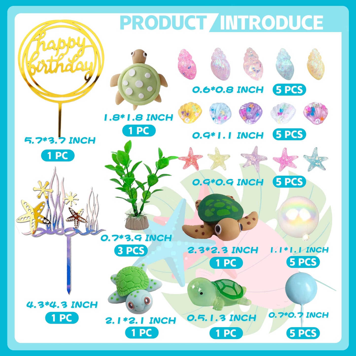 UFROMSKY 34pcs Turtle Cake Topper Under the Sea Cake Decoration with Ocean Turtle Starfish Conch and Seashells for Sea Theme Birthday Party Baby Shower Supplies