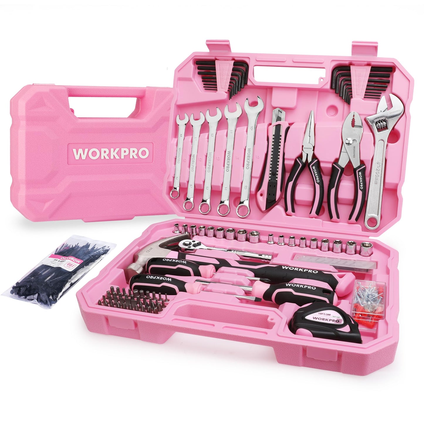 WORKPRO Pink Tool Set, 284 PCS Tool Kit for Women, Basic Household Pink Tool Box with Sockets, Pliers, Ratchet Handle, Portable Toolkit for Home Repair, New Apartment, House-Warming, DIY - Pink Ribbon