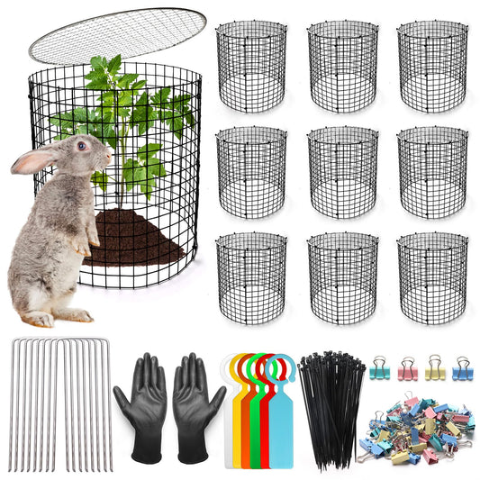AHIER 10 PCS Chicken Wire Plant Protector from Animals with Covers, Plant Cages for Outdoor Plants to Keep Animals Out Including 30pcs Metal Mesh, Covers, Ground Stakes, Labels, Clip, Ties and Gloves