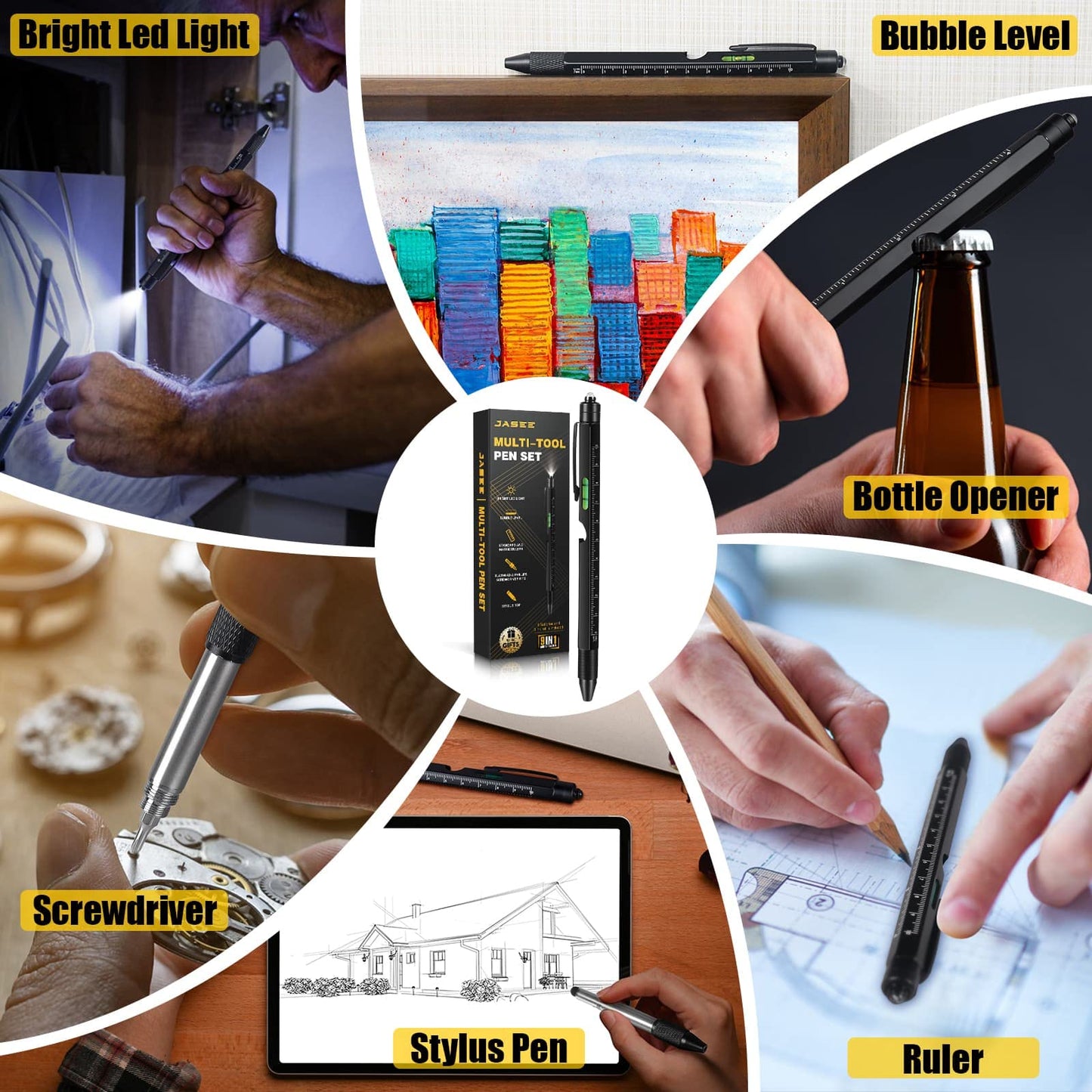 Christmas Stocking Stuffers Gifts for Men, White Elephant Gifts for Adults Dad Boyfriend Him Husband, 9 in 1 Multitool Tool Pen Set, Screwdriver, LED Light, Stylus, Bottle Opener, Ruler, Level(Black)