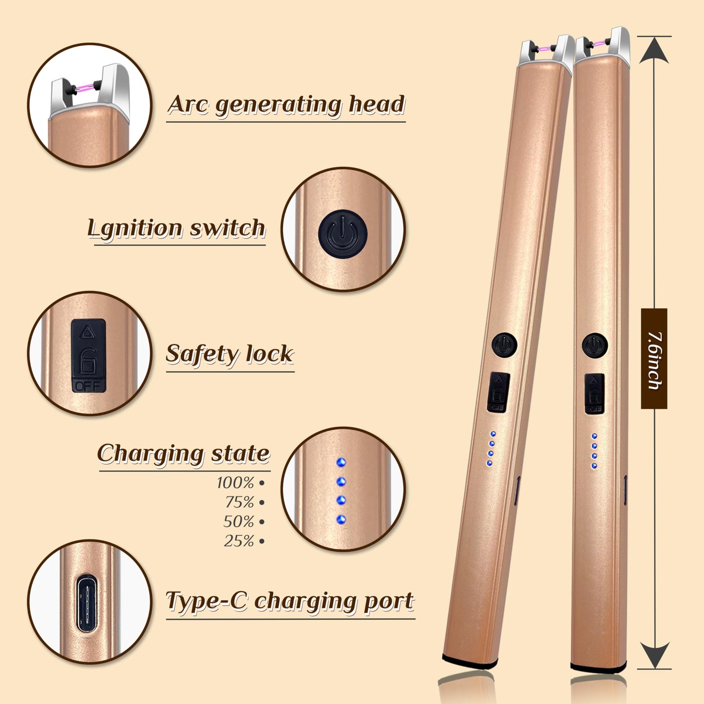 2 PCS Candle Lighter,Windproof Flameless Electric Lighter with LED Power Display ＆ Safety Switch, Upgraded Plasma USB Rechargeable Lighters for Birthday Camping BBQ (Champagne Gold)