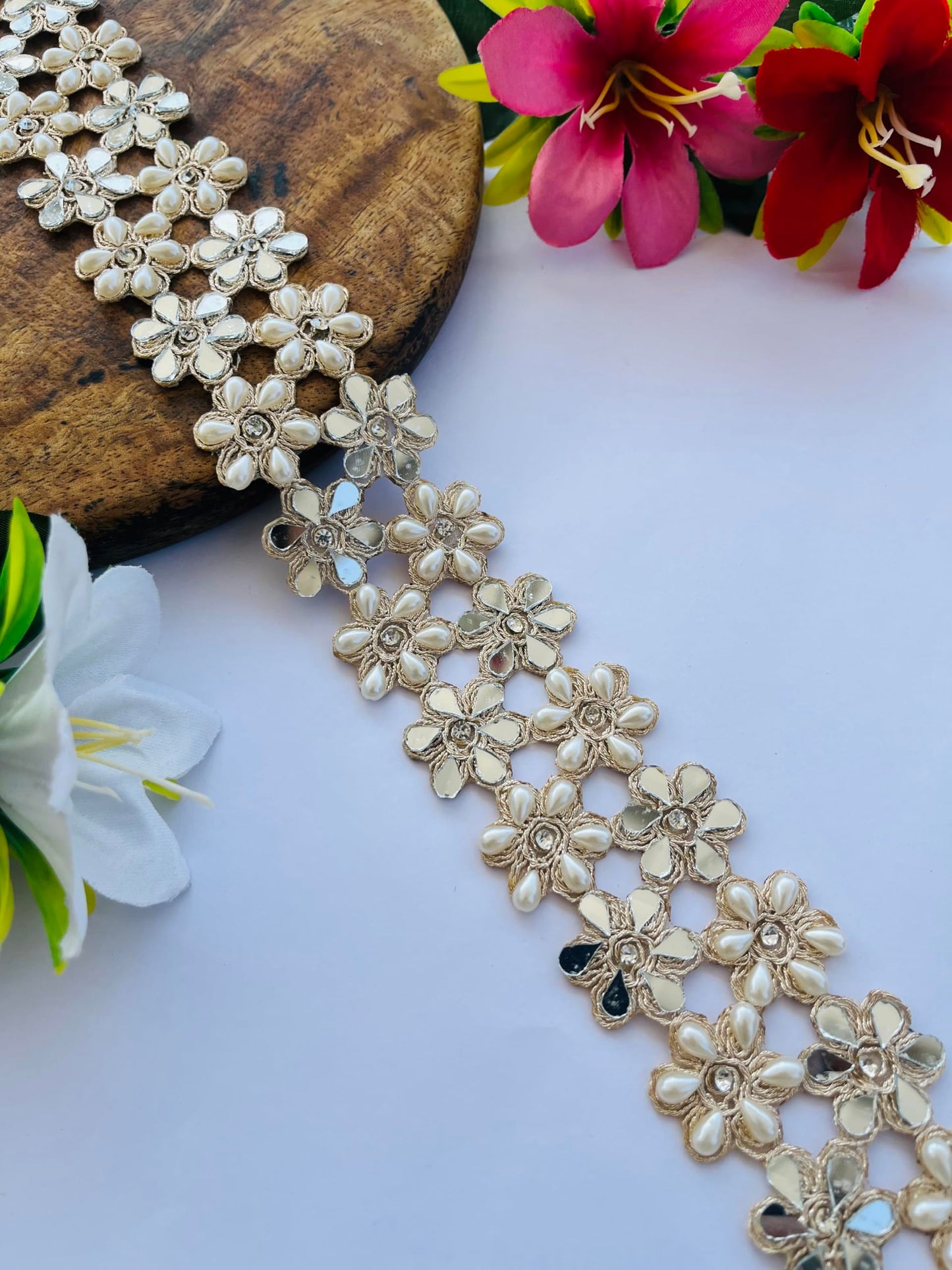 PIYUCRAFTS 1.5 Inch Mirror Pearls Flower Design Trim – Available in 1, 3, 6 Yards – Decorative Lace Border for Sarees, Dresses, DIY Crafts, Wedding Decor, Home Embellishment (1)