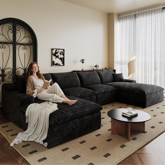 136" Cloud Sectional Couch U-Shaped Chaise with Ottoman, Corduroy Boneless Couch for Living Room Bedroom, Deep-Seat Upholstered Modular Cloud Sofa, No Assembly Required (Black, Right Facing Chaise)