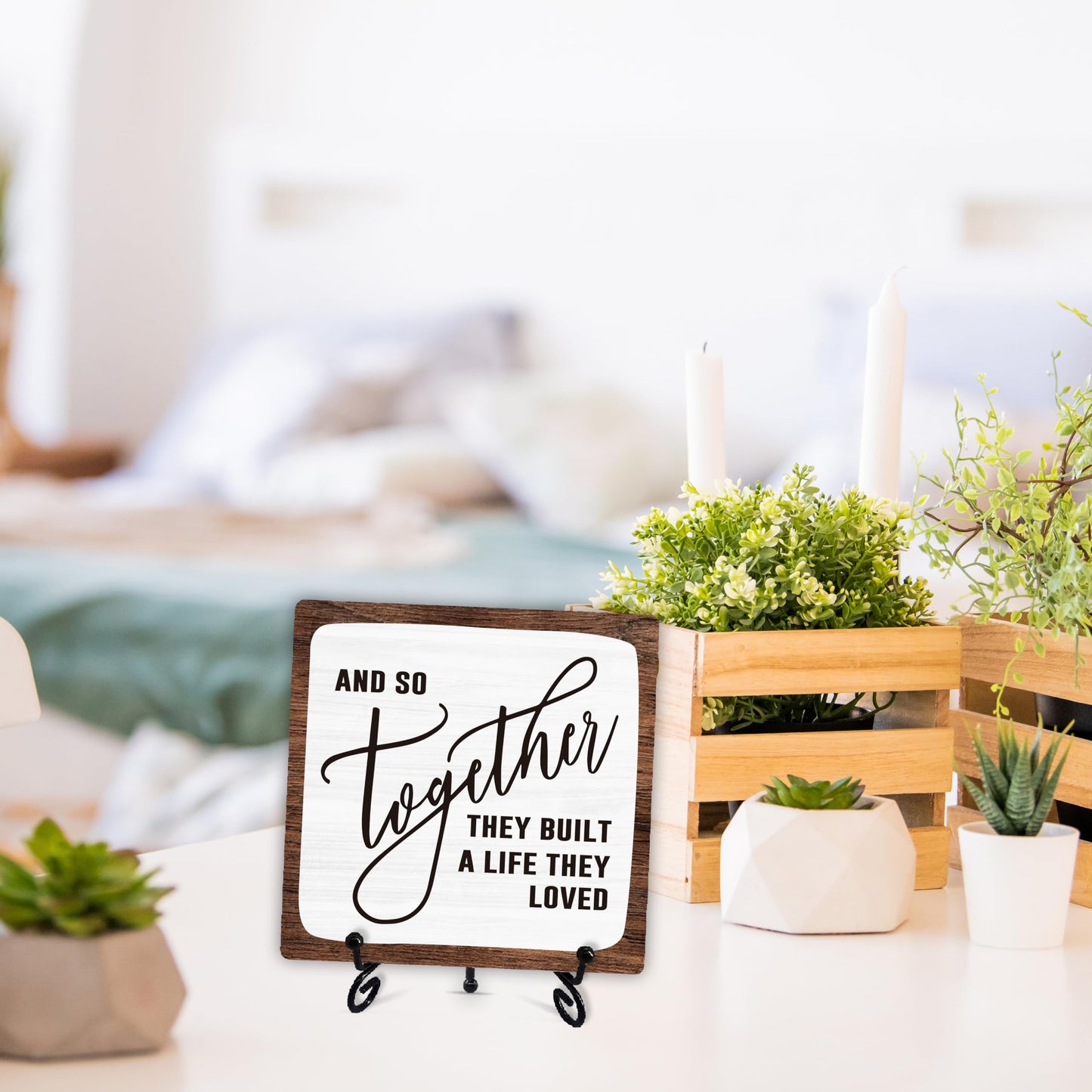 Home Desk Decor Sign, Rustic Wooden Sign With Stand, And So Together They Built A Life They Loved Sign For Farmhouse Home Living Room Bedroom Shelf Table, Coffee Lover Gifts For Family Friend