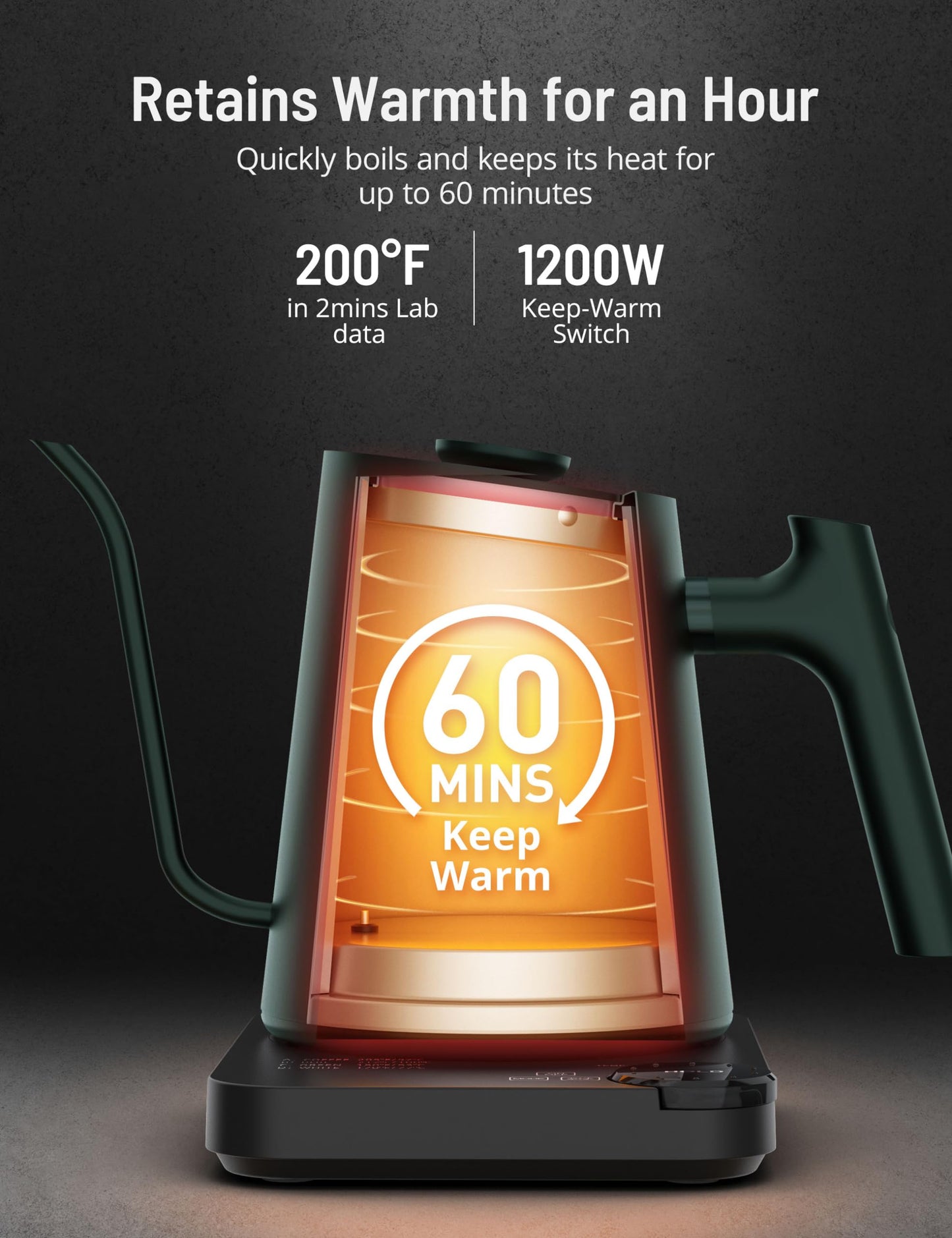 Gooseneck Electric Kettle, Electric Kettle with 4 Variable Presets, ±1℉ Temperature Control & LED Real-time Temperature Display, Stainless Steel Inner, 24H Keep Warm for Coffee, Tea, 0.9L