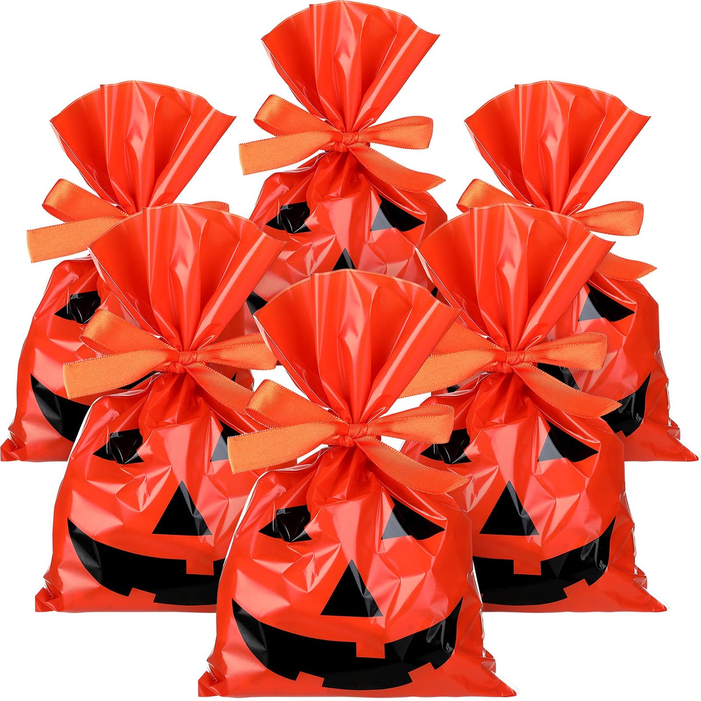 Tenare 100 Pcs Halloween Cellophane Pumpkin Treat Bags Jack O Lantern Orange Candy Bags Plastic Pumpkin Smile Goodies Gift Decor with Gold Twist Ties for Dessert Halloween Party Favors, 6 x 9 Inch