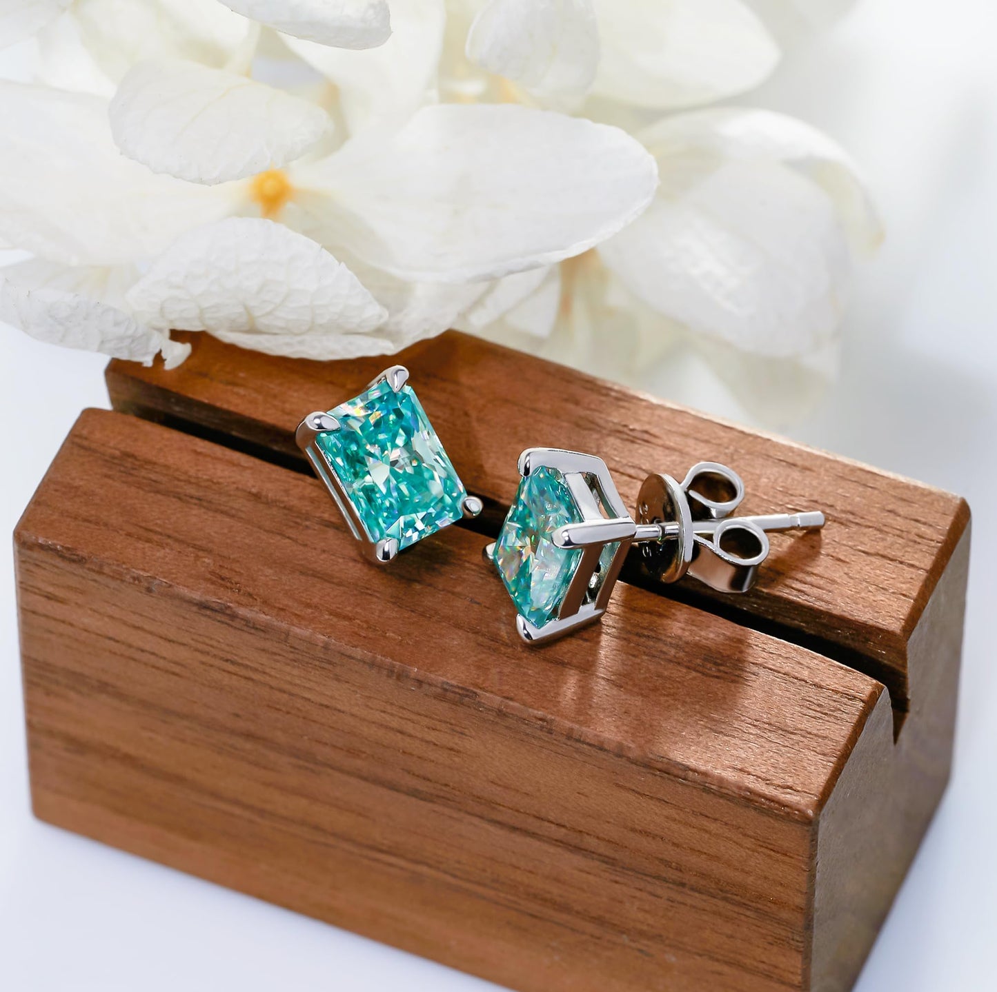 GIGAJEWE Blue Green Color Moissanite Stud Earrings Radiant Cut Moissanite Earrings 2.0ct/pair,18K Gold Plated 925 Steling Silver, Stud Earrings For Women (Cyan)