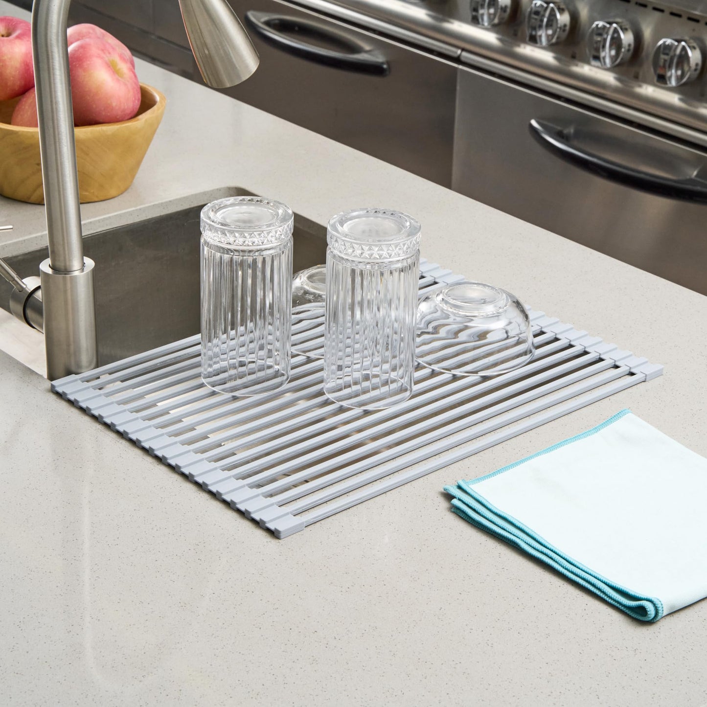 Restaurantware 16.93 x 12.99 Inches Stainless Steel Drying Rack - 12 Count - Clean Tek Professional Dish Drainer, Roll-Up, Non-Slip - Space-Saving Over-The-Sink Rack - Silicone Coated Gray