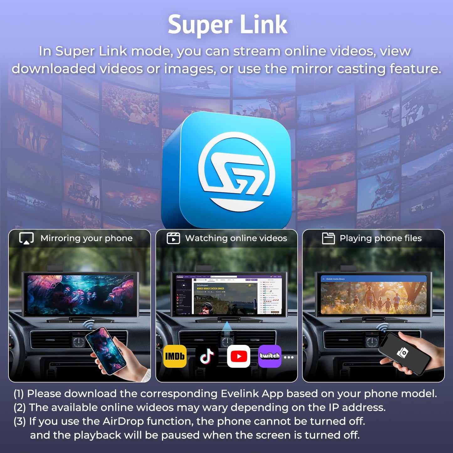 Carplay Screen for Car 10.26" HD IPS Wireless Compatible with Apple Carplay & Android Auto,Touch Car Play Screen with SuperLink,4K Dash Cam,1080p Backup Camera,Loop Recording,Bluetooth Audio,GPS,Siri