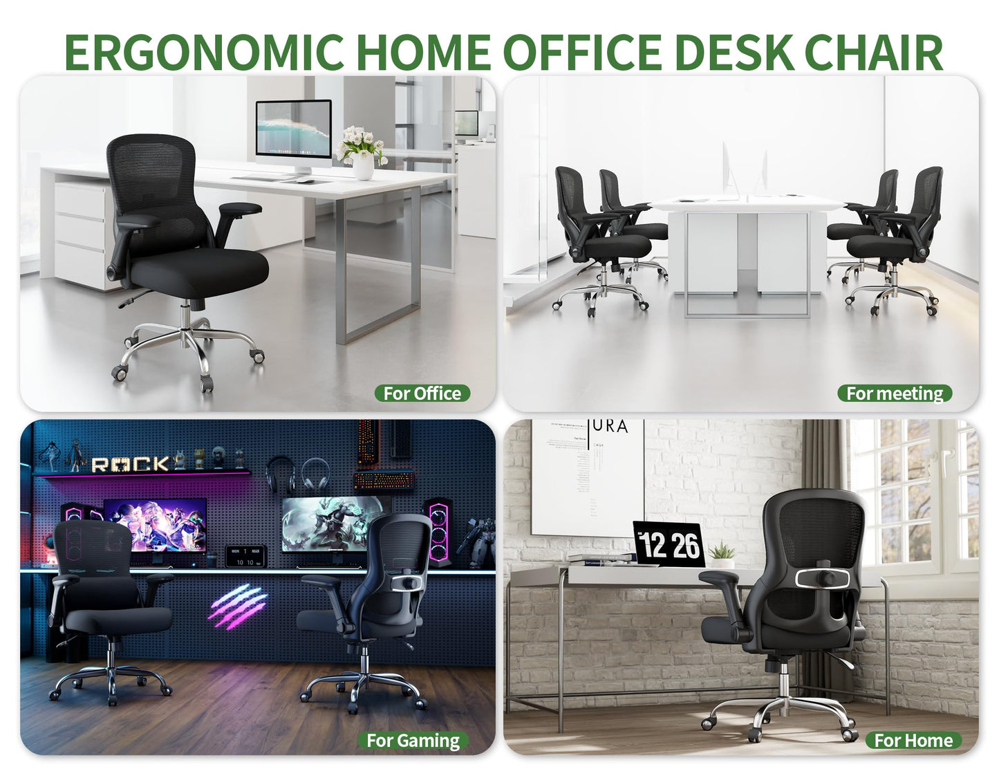 Office Chair Ergonomic Desk Chair Comfy: 400LBS Mesh Computer Chair Ergonomic Gaming Chairs with Wheels Adjustable Lumbar Support and Flip up Armrest-Swivel Executive Chairs Long Hours(Full Black)