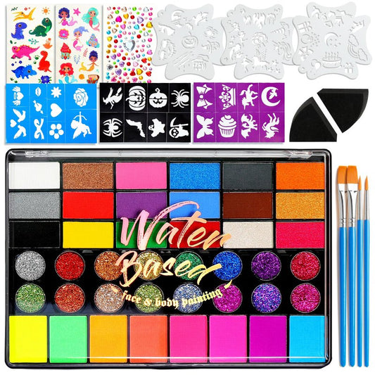 42 Color Face Painting Kit for Party – Non-Toxic Water-Activated Face & Body Paint Palette with Stencils, Brushes & Gems, Long-Lasting, Easy Wash, Ideal for Carnival, Halloween, Cosplay & Festivals