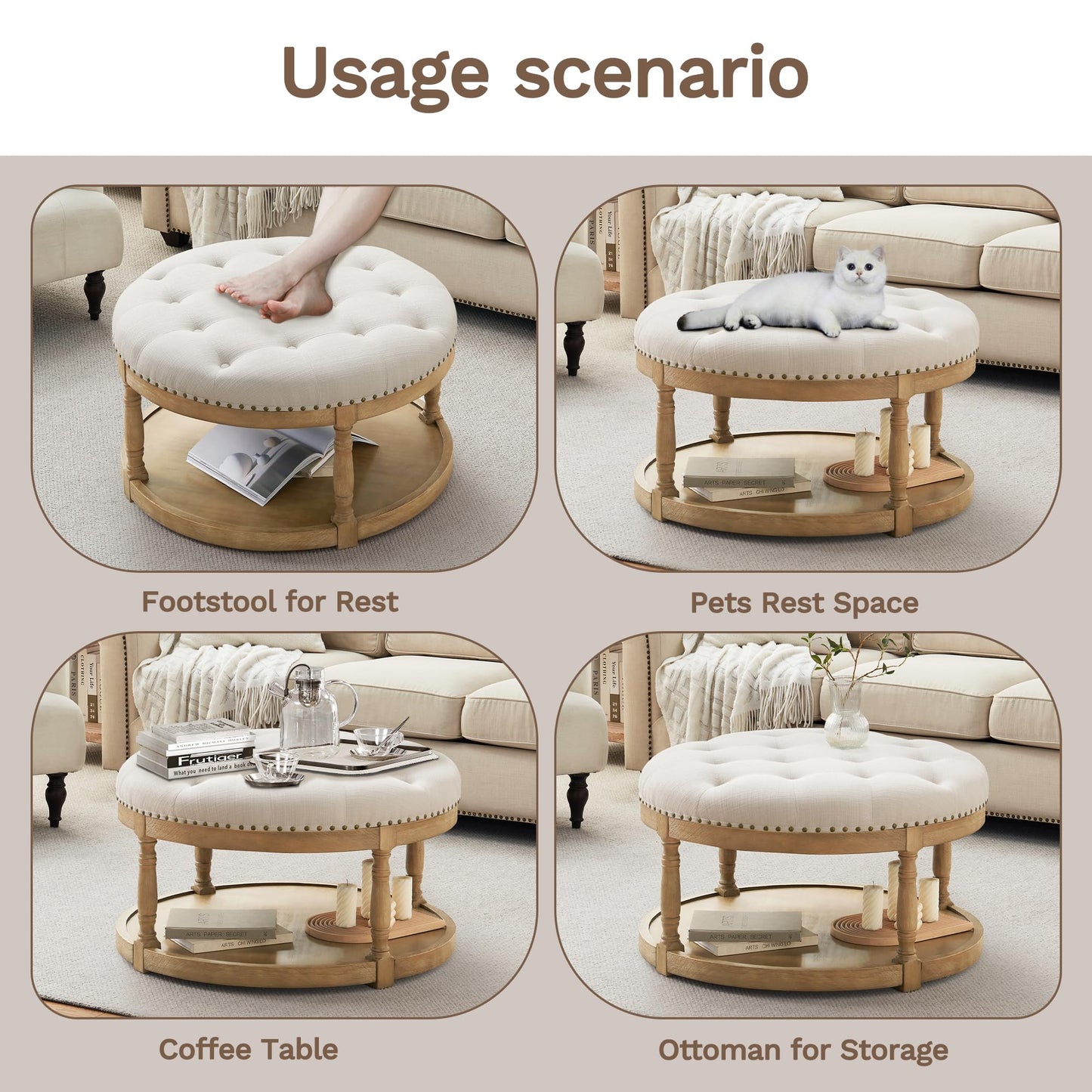 Womina 33" Large Round Ottoman Coffee Table with Storage, Upholstered Button Tufted Linen Footrest Ottoman with Wood Storage Shelf Farmhouse, for Living Room, 350 LBS, Beige