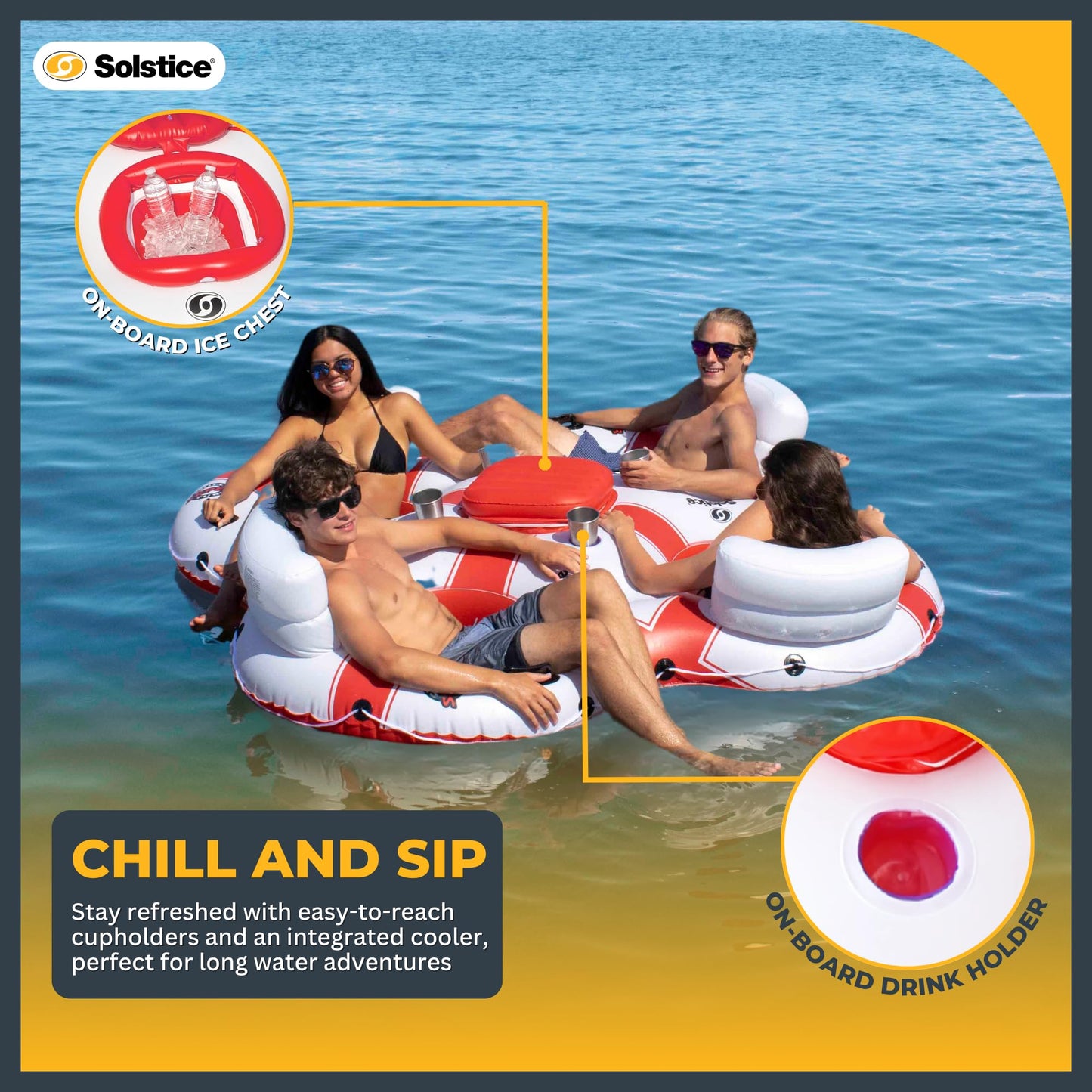SOLSTICE Inflatable Tube Float – Heavy-Duty Material with Grab Handles for Pool, Lake & River – Compact with Backrest, Mesh Base, Cupholders & Rope – 4-Person, White & Red, 89" – Super Chill
