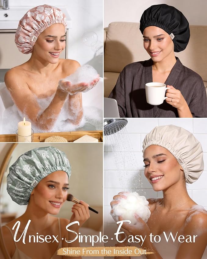 Yanibest Satin Lined Shower Cap for Women Reusable Waterproof, Frizz Free & Large Bath Cap with Soft Elastic Band, Luxury Hair Protection Caps (Green Leaves)