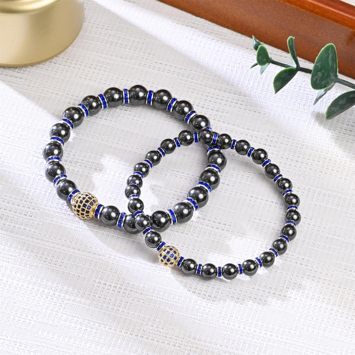 Apocalyptic-K Women's Magnetic Bracelet，Hematite Bracelets，Magnetic Bracelets With Zirconia,Handmade Stretch Bracelet，Eliminates static electricity. (8MM Blue &10MM Zirconia)