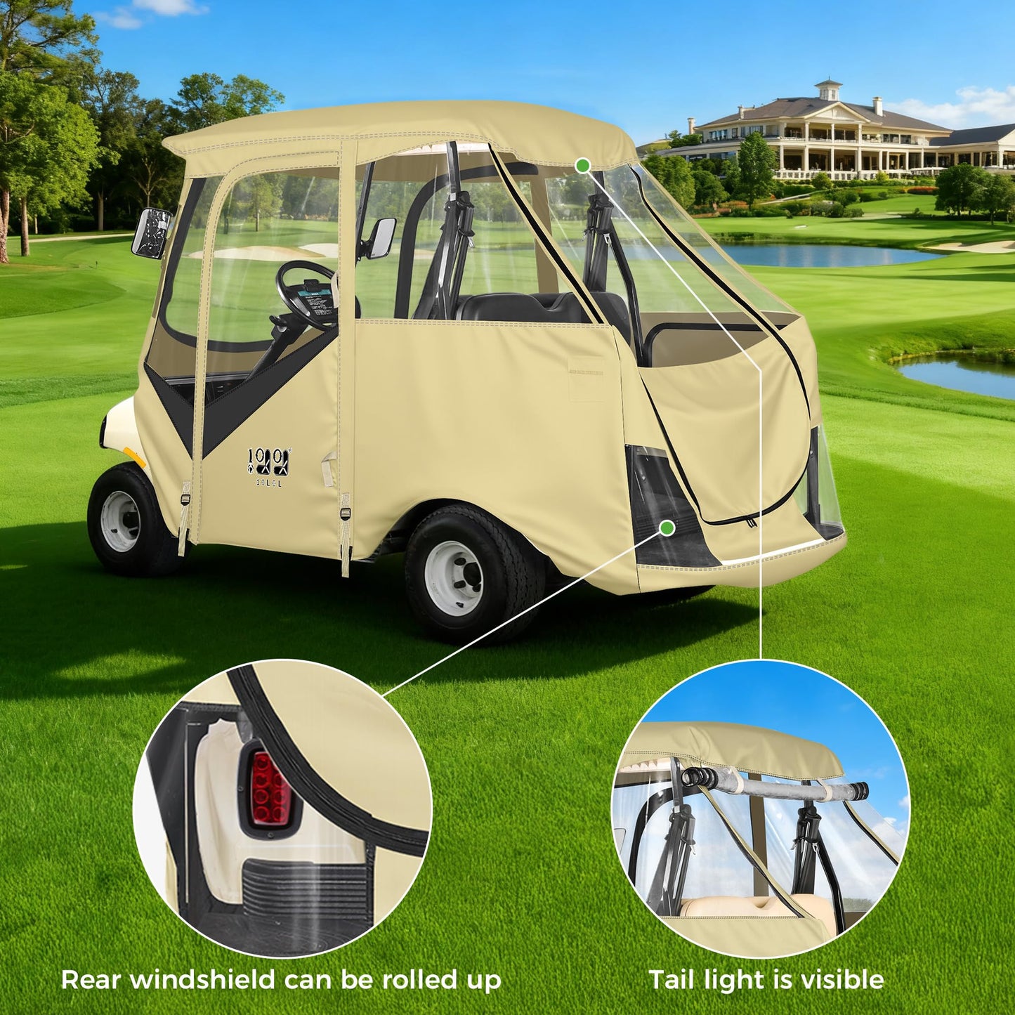 10L0L 4 Passenger Golf Cart Enclosure for Club Car DS (Short Roof 56"), Windproof Waterproof Portable Storage Cover 4-Sided Clear Window & Roll-up Zipper Door - Beige Gray