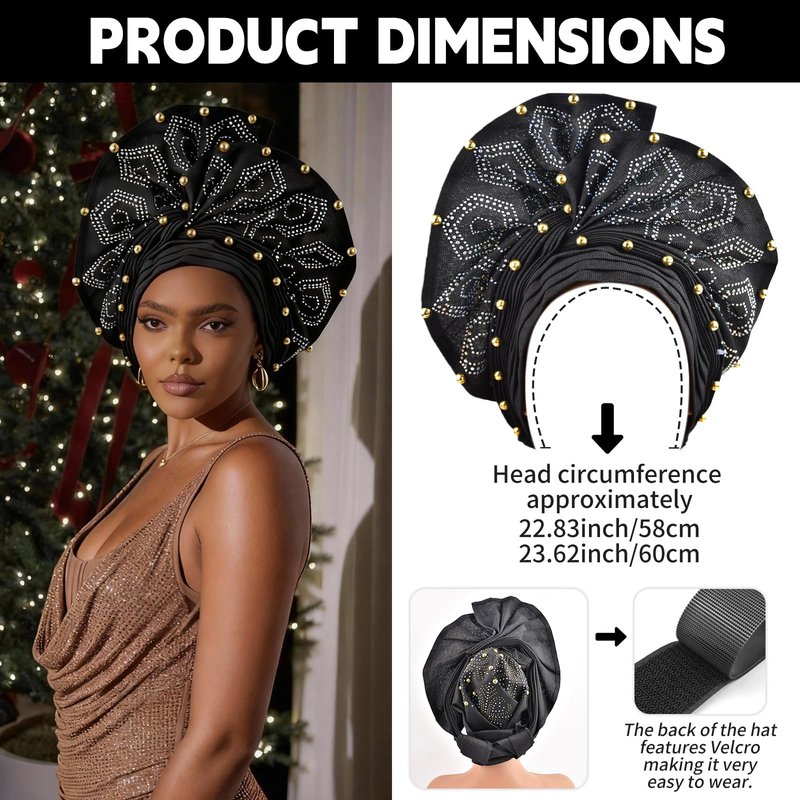 Nigerian headwear African headscarf,Auto Gele headband,hand wrap beaded - made for weddings parties events (Golden)