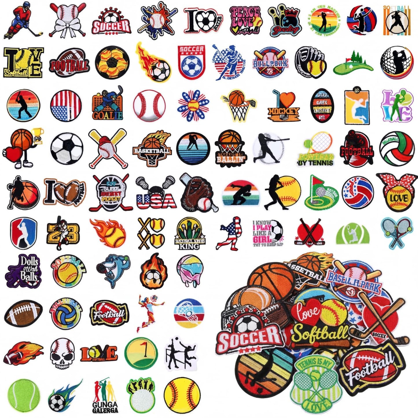Janinka 100 Pcs Sports Iron on Patches Soccer Football Baseball Basketball Embroidery Applique Patches for Players Coaches Sports Lovers Fans Hats Clothes Jackets Jeans Dress Backpacks Bags Accessory