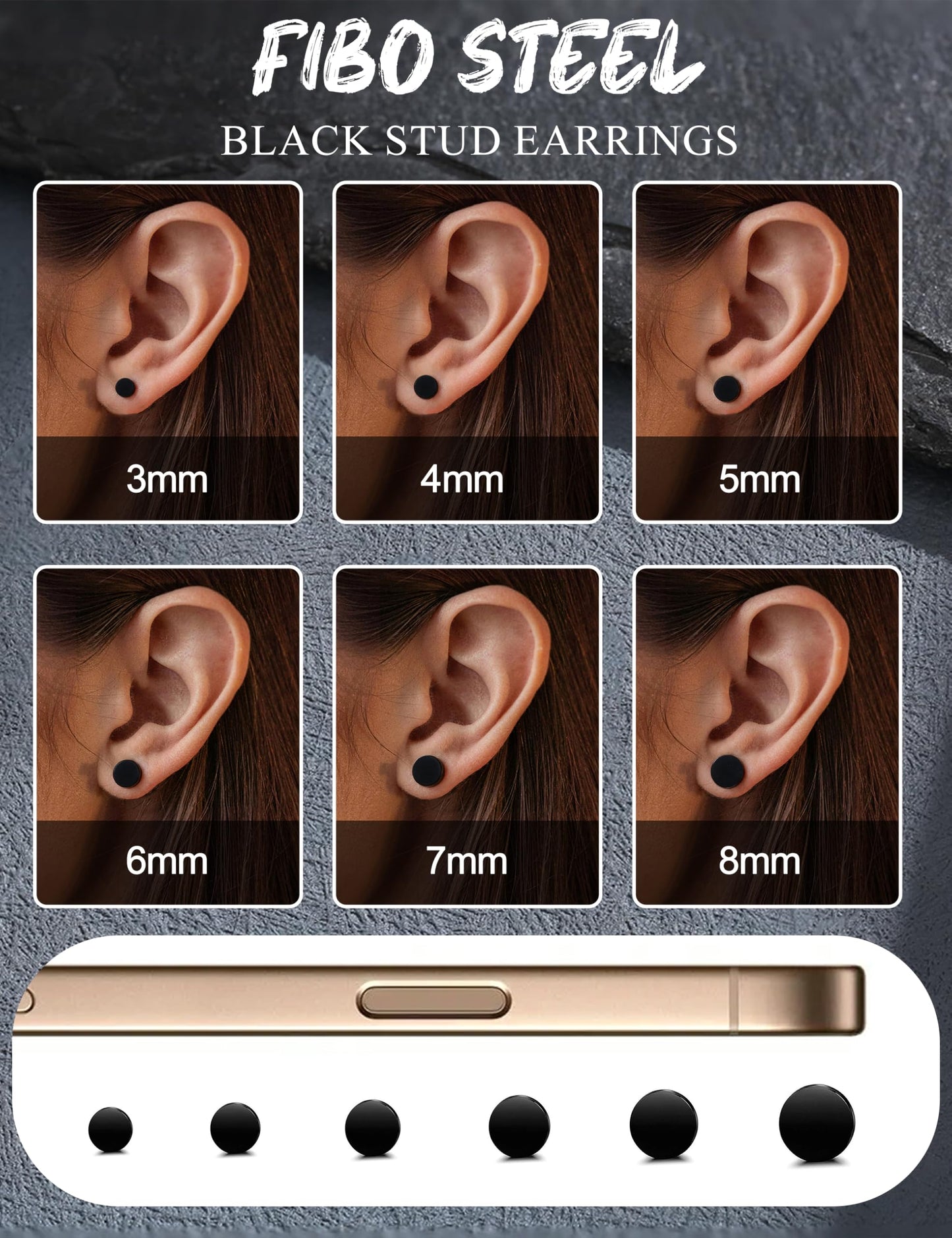 FIBO STEEL 6 Pairs Stainless Steel Black Stud Earrings for Men Women Faux Gauges Ear Tunnel Fake Gauge Earrings 3-8mm Black