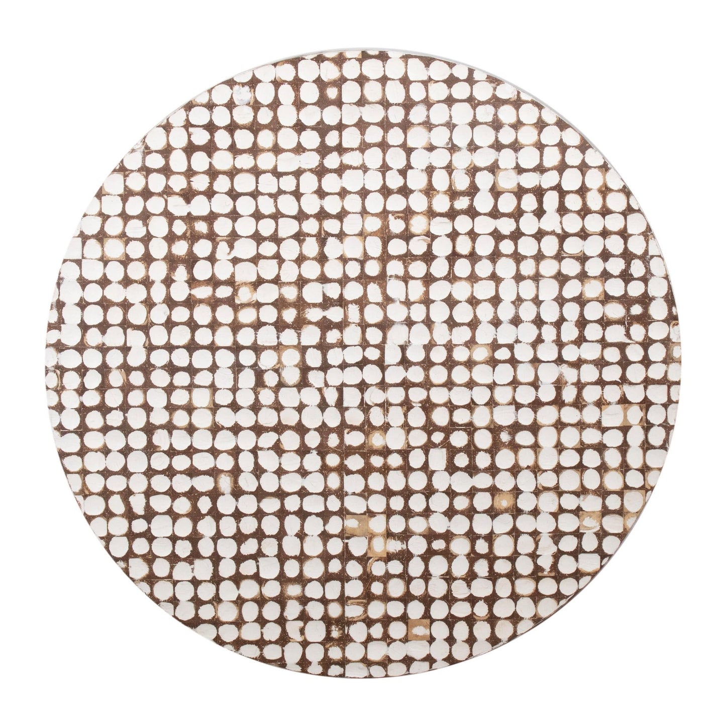 East at Main Round Coffee Table – White Boho Cocktail Table with Coconut Shell Inlay, 34.75" Coastal Accent Table for Living Room, Pedestal Wood Base, Handmade Furniture