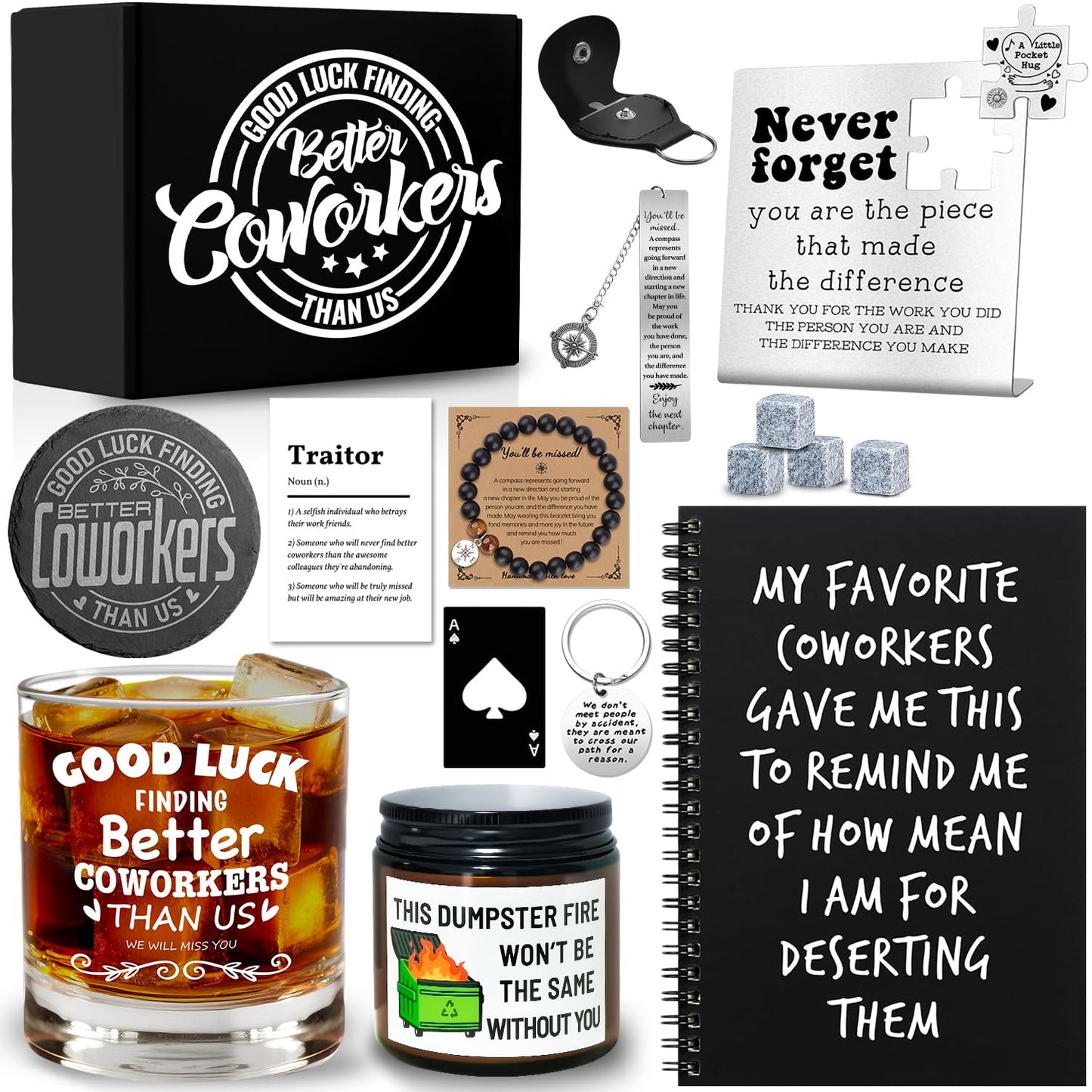 15 Pcs Coworker Leaving Gifts, Farewell Gifts, Going Away Gift with 11 Oz Whiskey Glass 4 Whiskey Stones Coaster Plaque Notebook Candle Bracelet, New Job, Good Luck Gift for Coworker Boss Friends Men