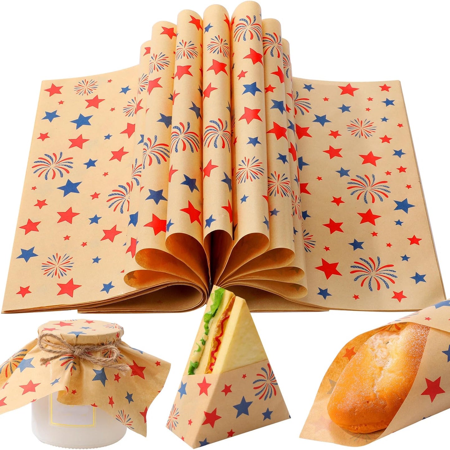 FoldTier 100 Pcs 4th of July Wax Paper Sheets for Food Wrapping 12x12 Inch Deli Paper Sheet 250th Anniversary Patriotic Firework Star Greaseproof Parchment Food Basket Liner for Sandwich Burger Fries