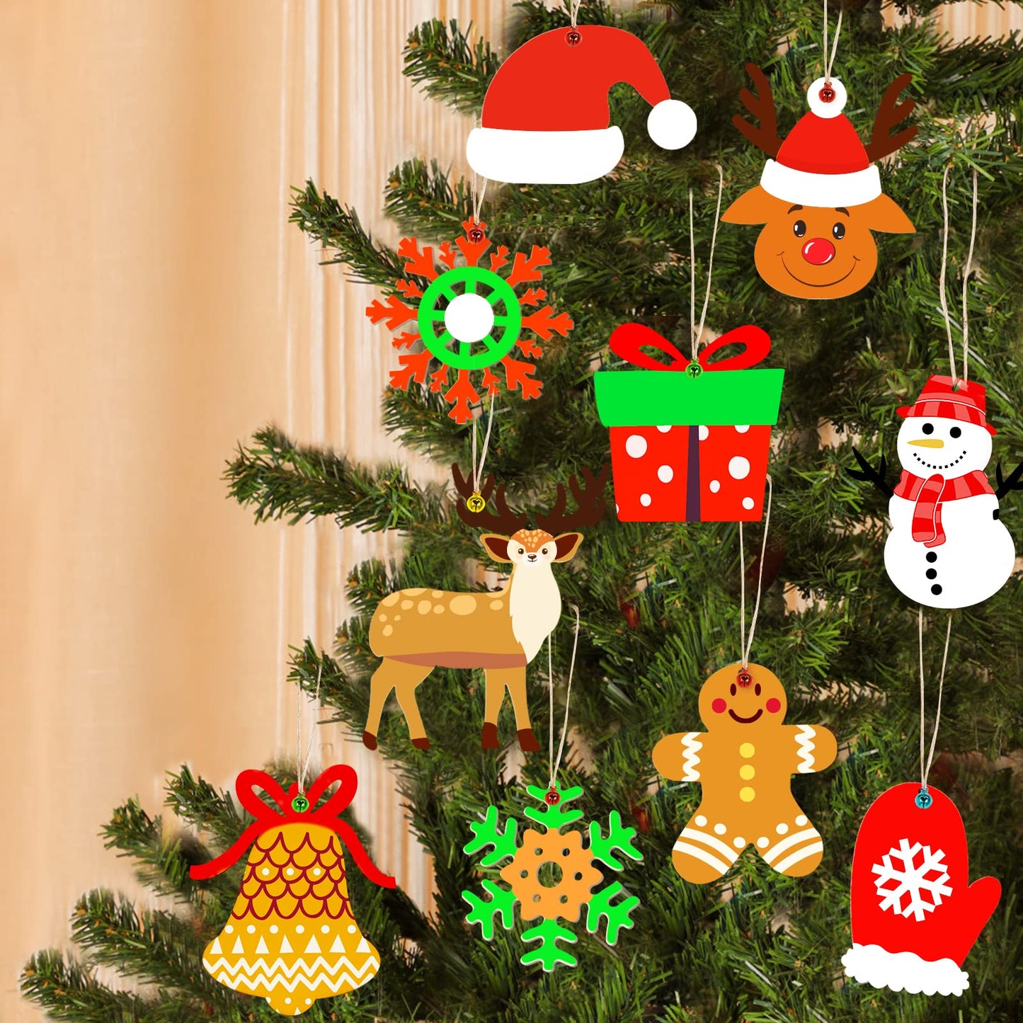 Max Fun 60Pcs Christmas Wooden Ornaments Unfinished Predrilled Wood Slices Circles for Crafts Xmas Holiday Hanging Decoration in 12 Shapes