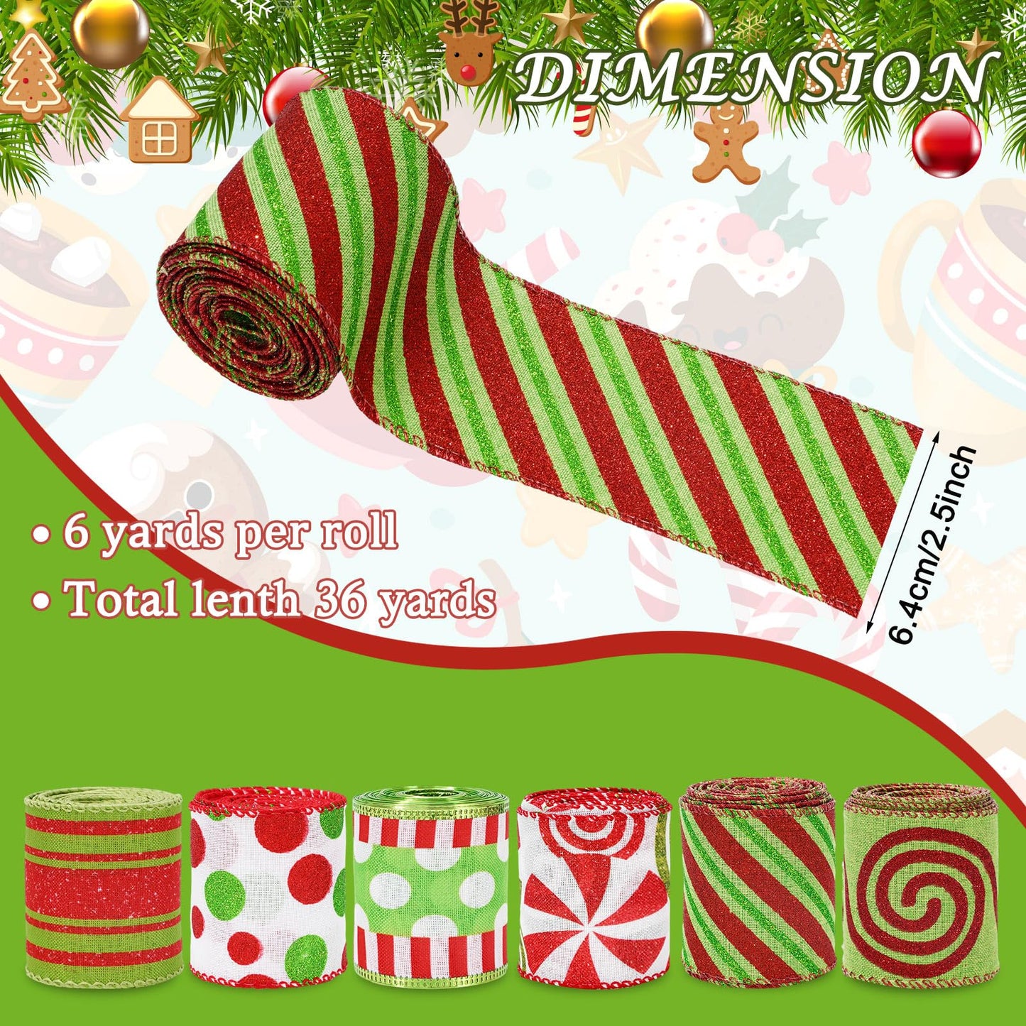 Whaline Christmas Ribbons 36 Yards Dot Stripe Candy Wired Edge Ribbon Red Green Fabric Craft Ribbon for Xmas Wreath Bow Making DIY Crafts Wrapping Supplies, 6 Rolls