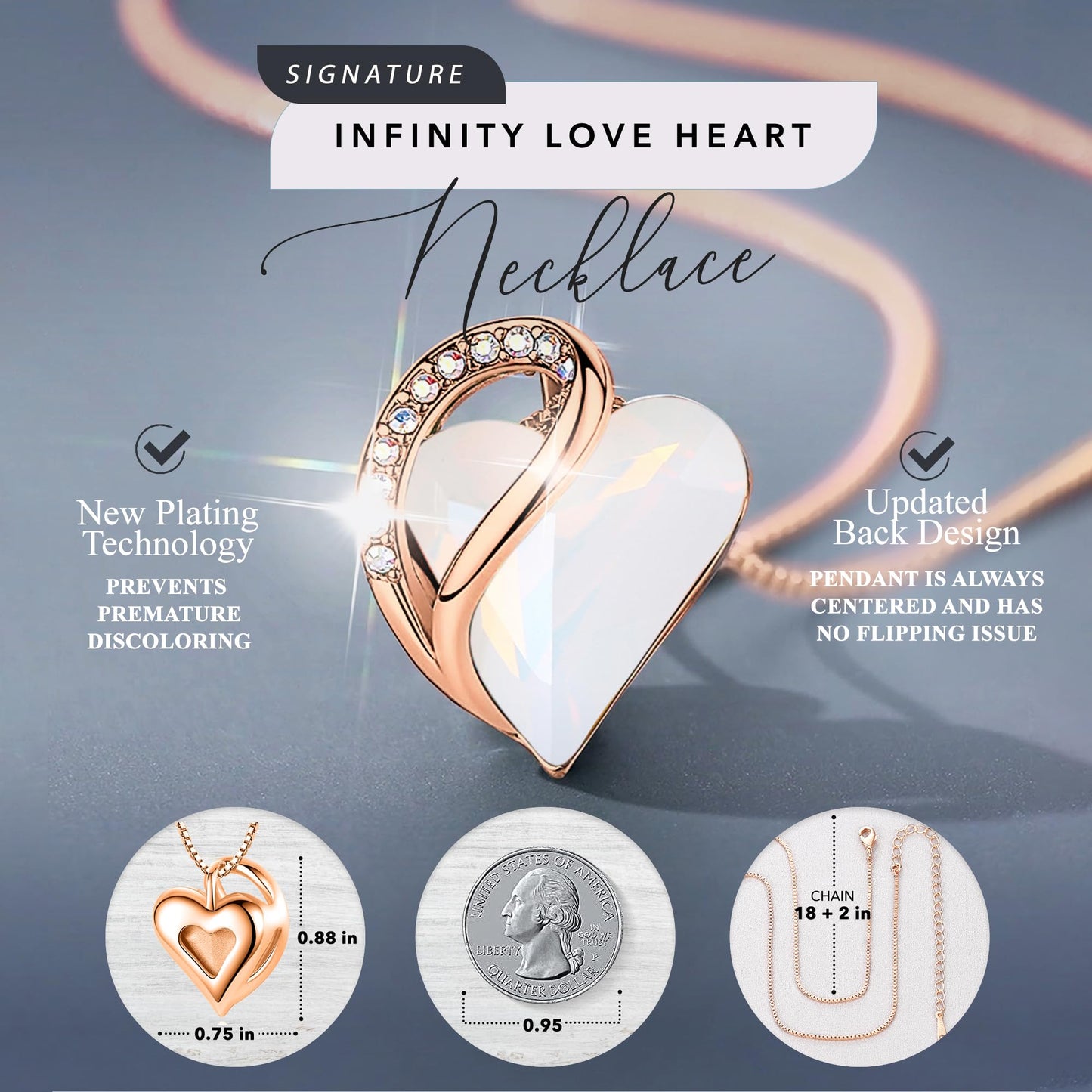 Leafael Gifts for Women Rose Gold Plated Necklaces: Heart Opal White Crystal, April Birthstone, Cubic Zirconia, Hypoallergenic Chain (18"+2"), Birthday Jewelry for Mom and Wife