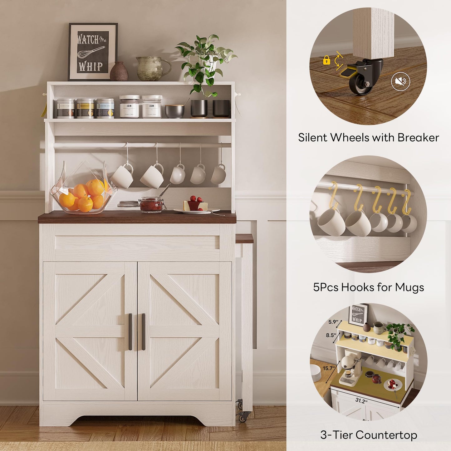LIKIMIO 57" Farmhouse Coffee Bar Cabinet with Extendable Table & Locking Wheels, Mobile Kitchen Island Storage Cart with Magnetic Board, 5 Hooks, Adjustable Shelf, Space Saving for Apartment, White
