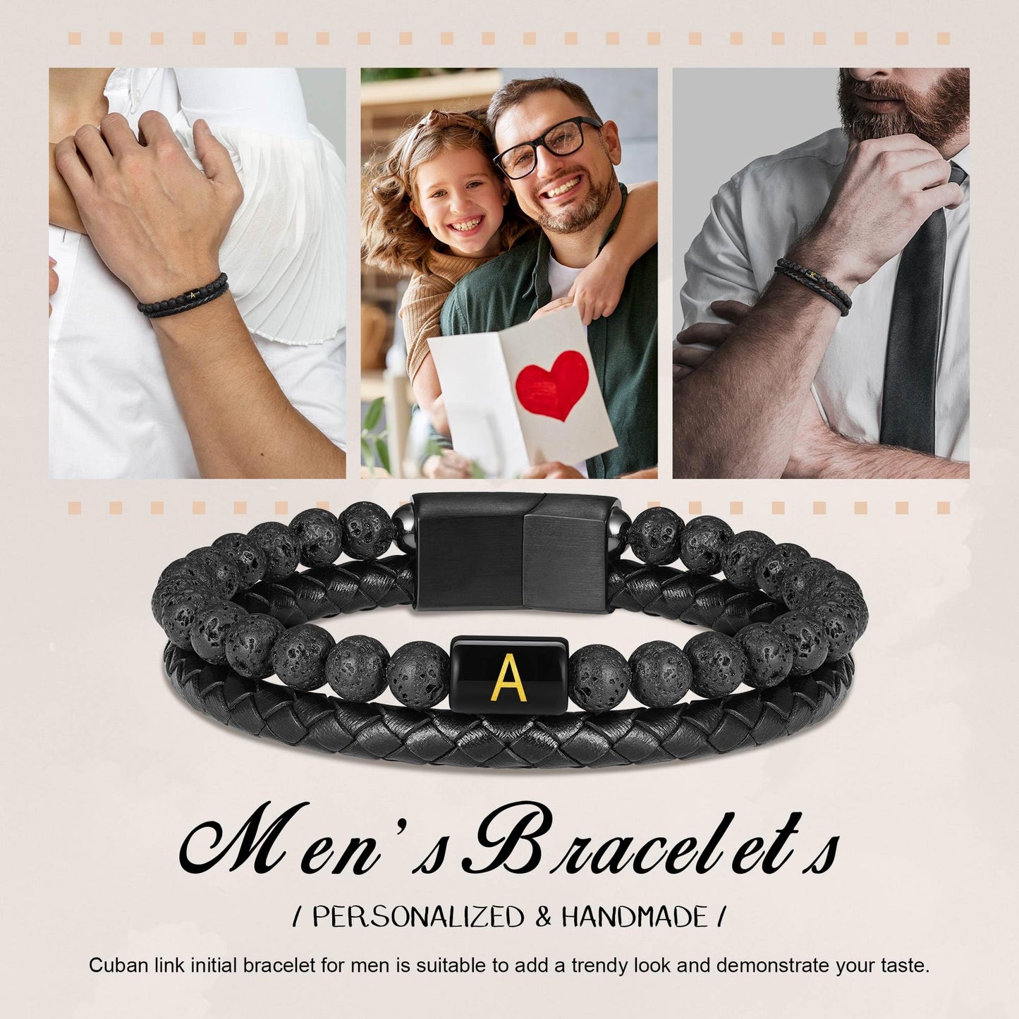Leather Bracelets for Men with Initial - Men Gifts Lava Rock Bead Magnetic Clasp Gift for Husband Black Mens Leather Bracelets Men's Initial C Bracelet for Men's Jewelry Mens Gifts for Dad Husband