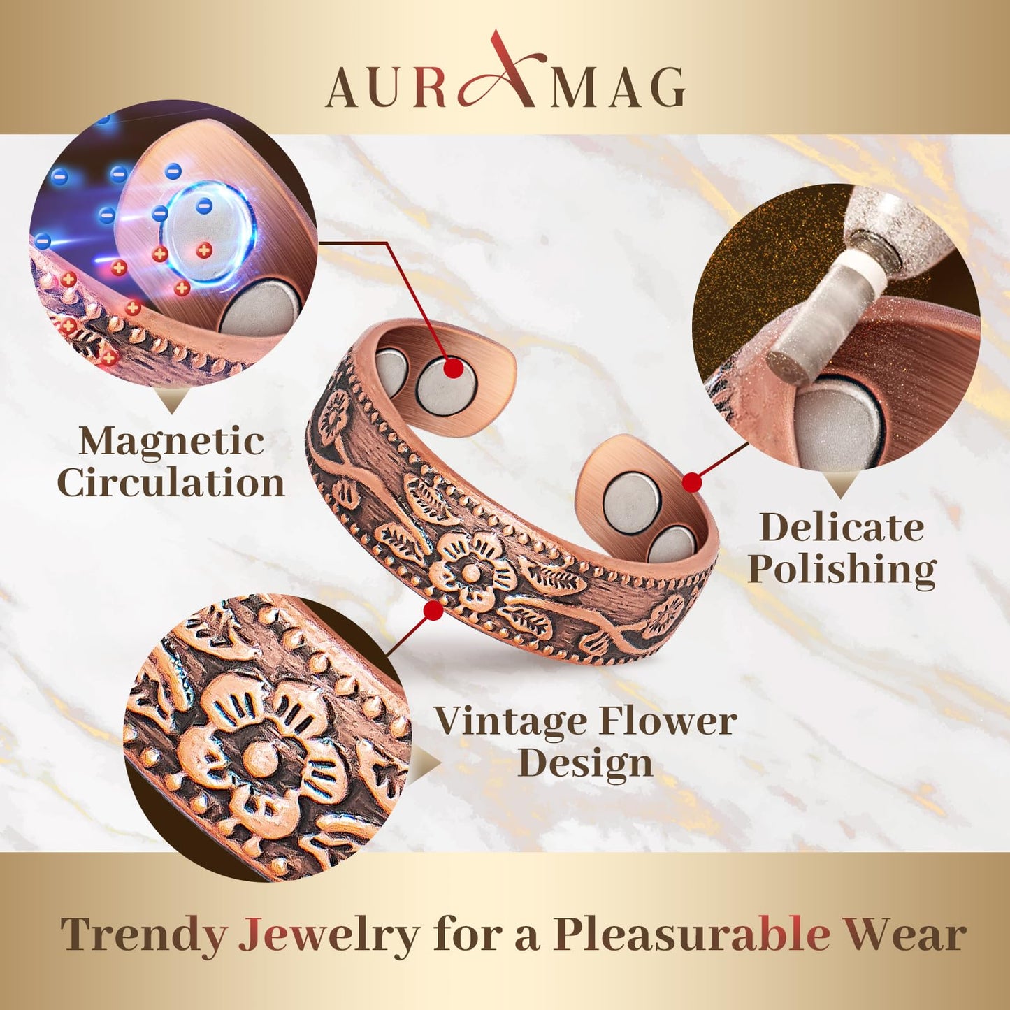 Auramag Copper Rings for Women, Thumb Rings 99.99% Pure Copper Magnetic Rings with 3500 Gauss Magnets, Copper Jewelry Gift Adjustable (2 PCS)