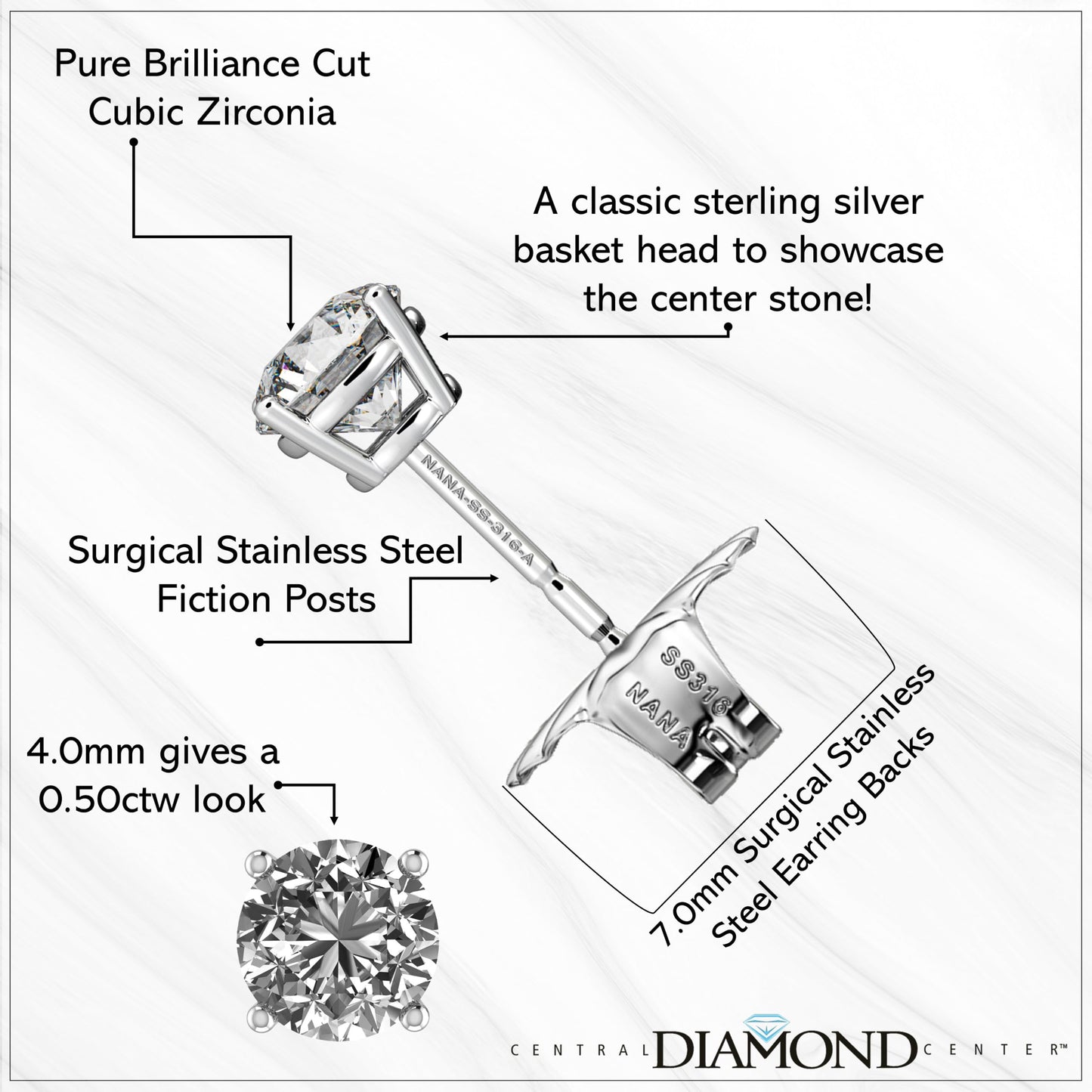Central Diamond Center Round Simulated Diamond Stud Earrings Hypoallergenic Metal & Sterling Silver CZ - 4.00mm (0.50cttw) Platinum