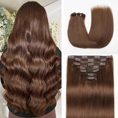 Mocona Clip in Hair Extensions Real Human Hair, Chocolate Brown – 20 Inch 7pcs 160g/Pack, Soft Hair Extensions Real Human Hair Clip ins Straight for Women, Capable for all Occasion (#4 20 Inch)