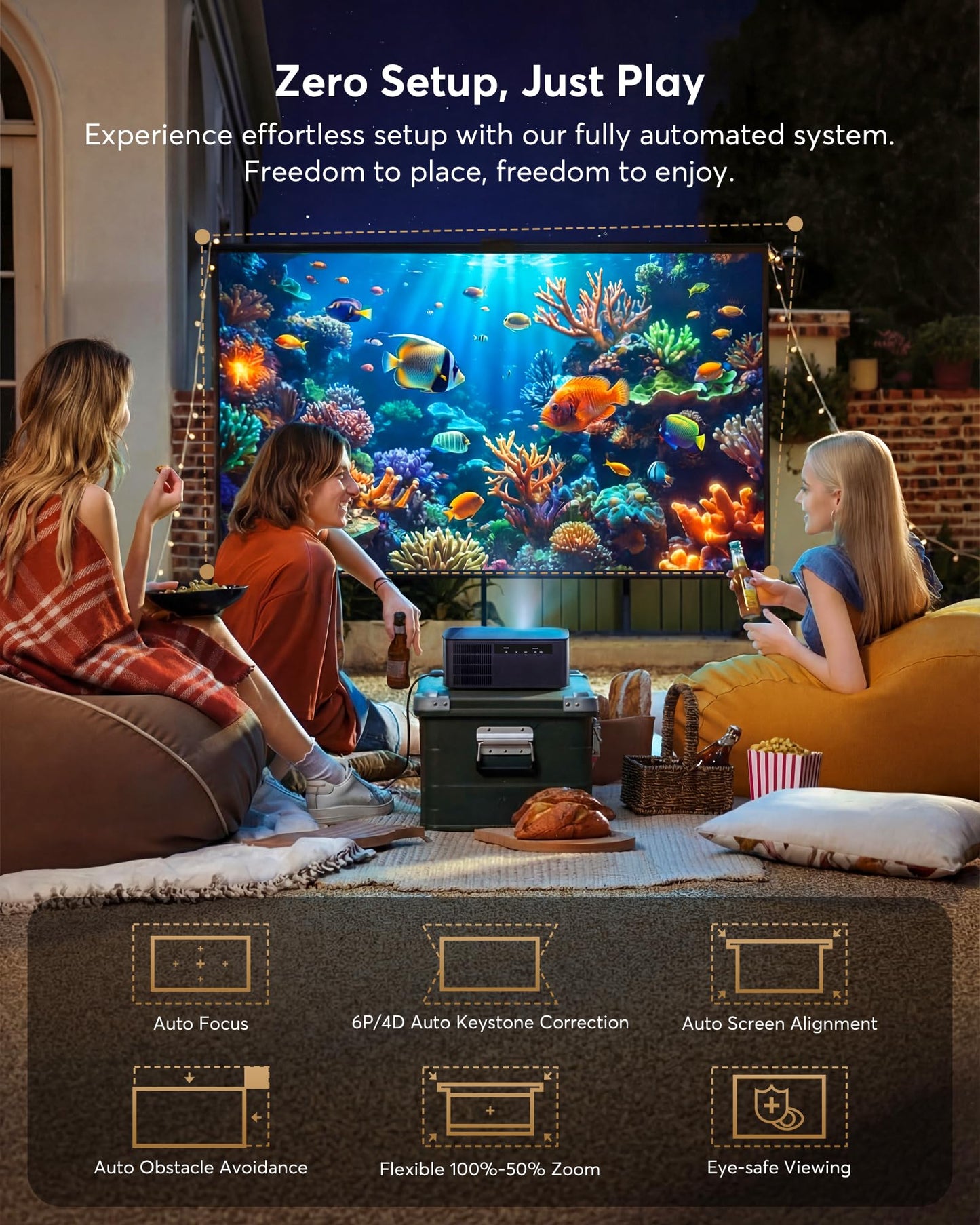 4K Decoding Outdoor Projector Compatible with Netflix [2000 ANSI/AI Auto Focus] Smart Movie Projector with Wifi and Bluetooth, 20W Dolby Audio|Dust-Proof|Built-in Apps|HDR10 Projector with 120" Screen