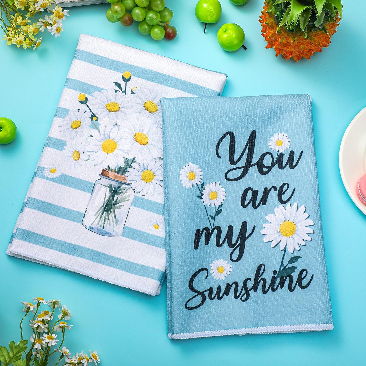 Boyiee Set of 6 Daisy Flower Kitchen Towels Daisy Stripes Tea Towels Floral Absorbent Dishtowels 24 x 16 Inches Housewarming Gifts Blue Hand Wash Cloth for Farmhouse Kitchen Bathroom Decorations