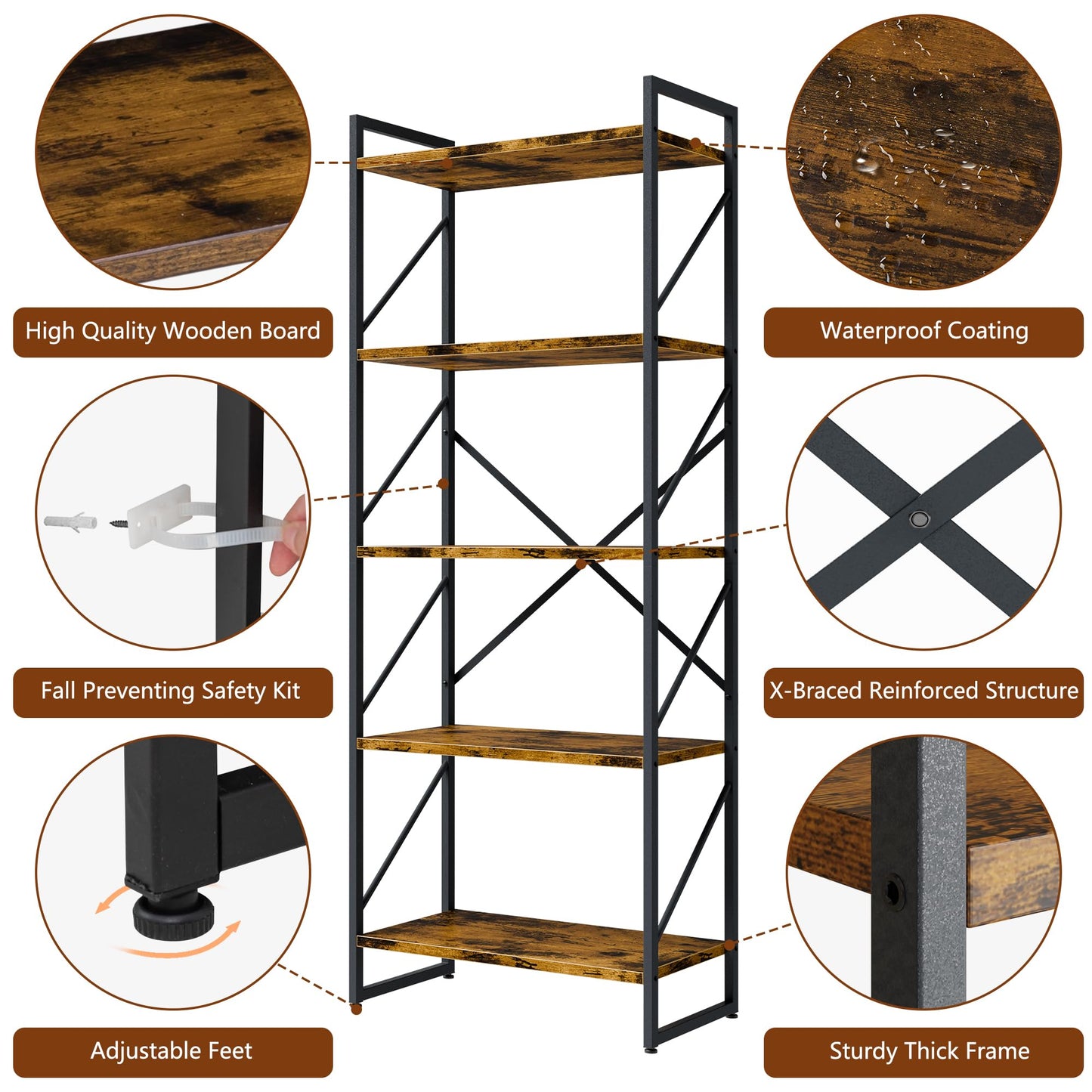 Shintenchi 2 Pieces 5 Tiers Bookshelf, Classically Tall Bookcase Shelf, Industrial Book Rack, Modern Book Holder in Bedroom/Living Room/Home/Office, Storage Rack Shelves for Books/Movies-Rustic Brown