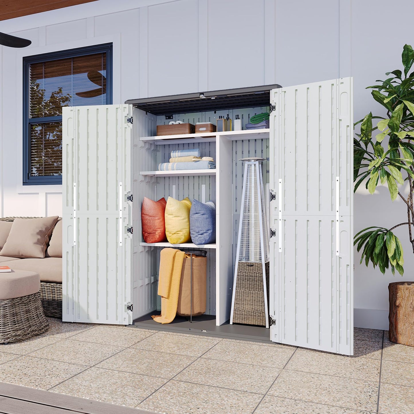 Aoxun Outdoor Resin Storage Shed with Metal Shelving Kit & Floor, 64 Cu.Ft Vertical Waterproof Storage Cabinet for Garage, Pool, Bike, Garden Tools, Patio Furniture (White)