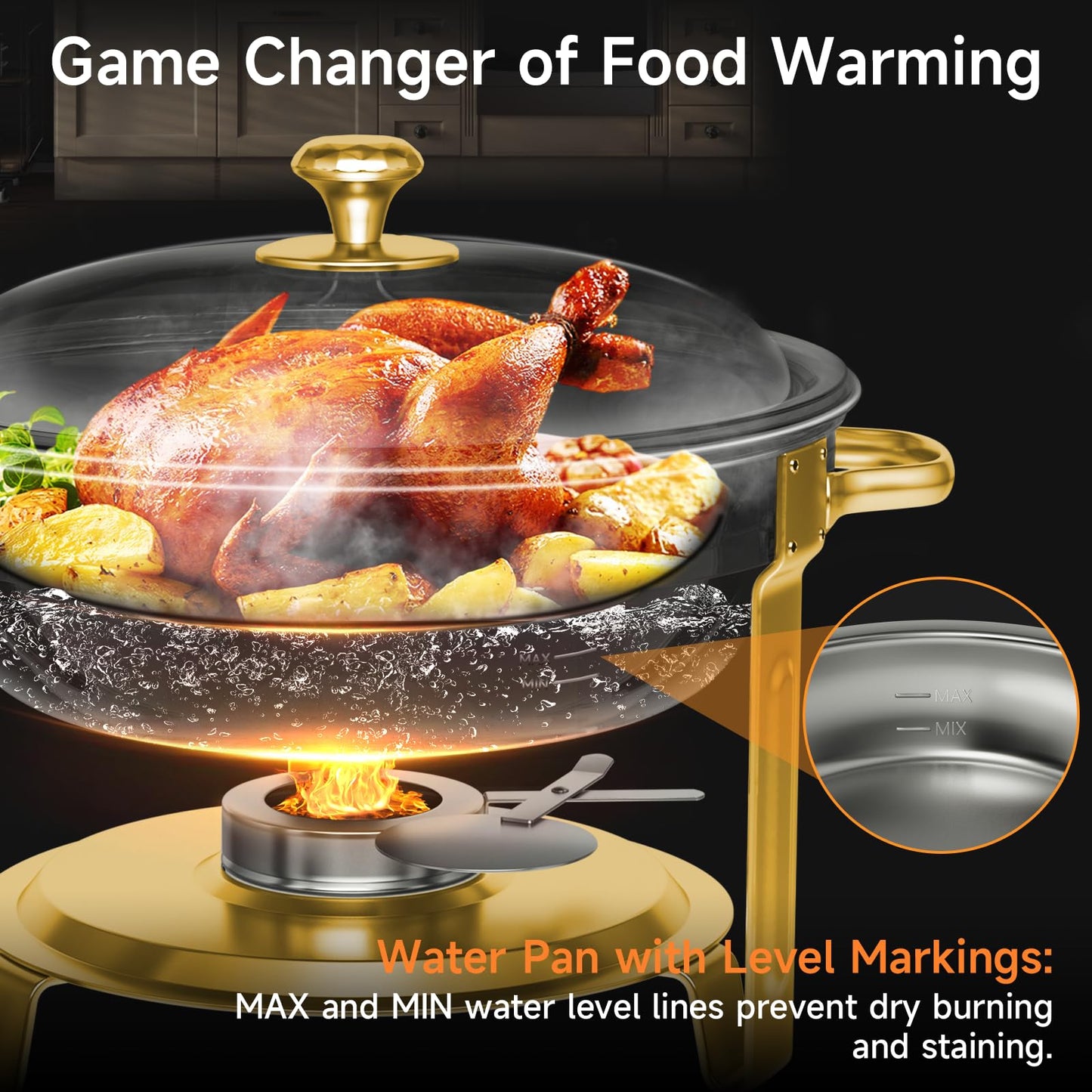 Chafing Dishes for Buffet, 4 Pack 5QT Round Stainless Steel Chafing Dish Set for Home Parties, Christmas Gatherings, Catering Events Complete Buffet Warmer Set (Golden 4)