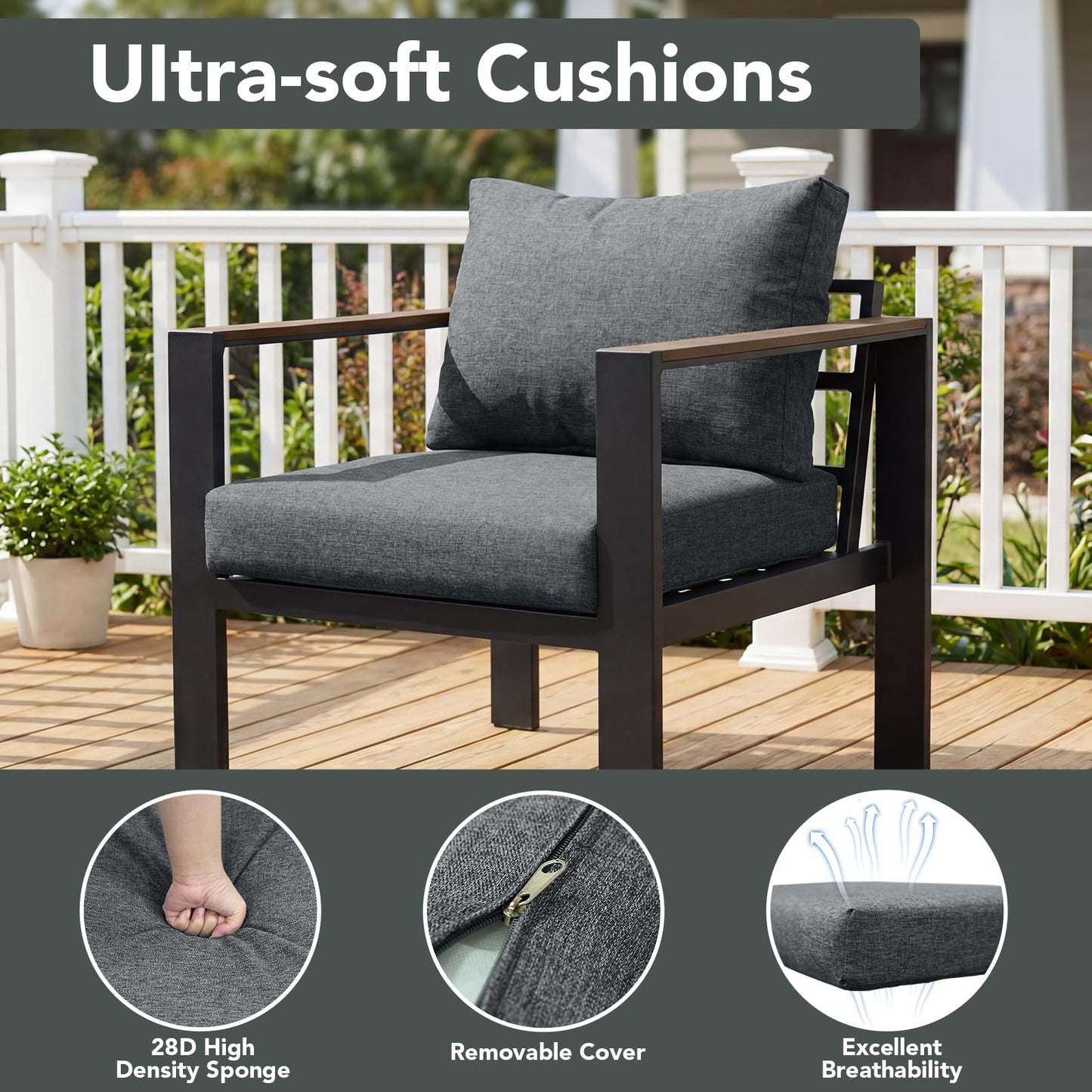 SAILARY Outdoor Patio Furniture Set 2 Pieces Armchair with Washable Thick Cushions, Luxury Aluminum Patio Furniture Chair Modern Outside Sectional Set for Porch, Balcony, Deck, Yard, Gray