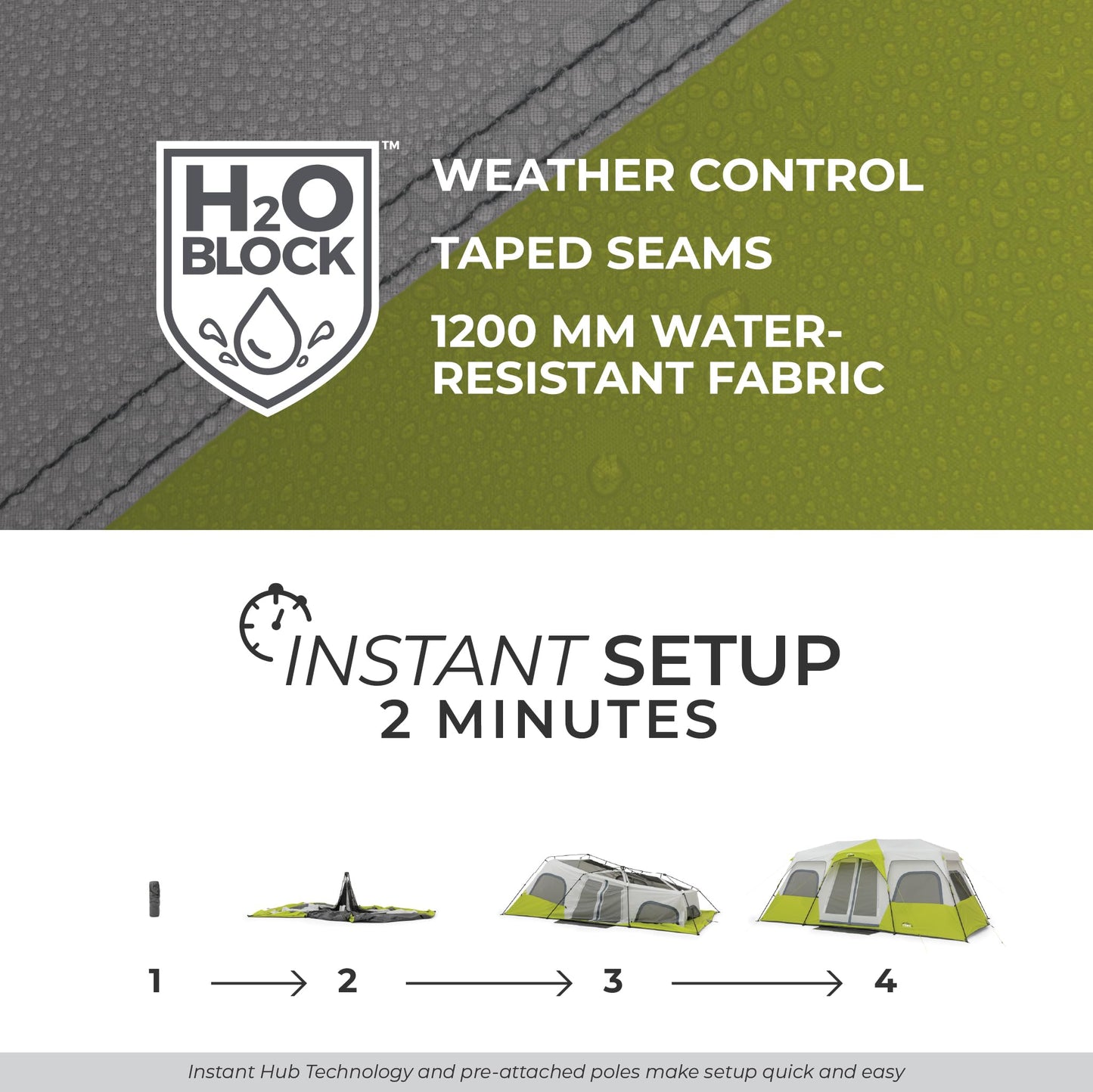 CORE 12 Person Instant Cabin Tent | Large 3 Room Family Pop Up Tent for 2 Minute Camp Setup | Included Storage Pockets for Camping Accessories