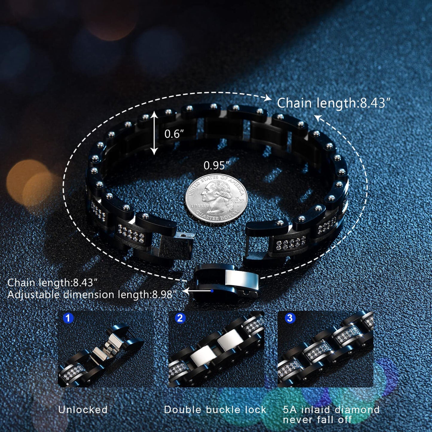 Ziallay Link initial bracelet hip hop jewel gift men Ms. Christmas birthday jewel gift boyfriend son fashion bracelet, diamond, double tone bracelet. (Silver black)