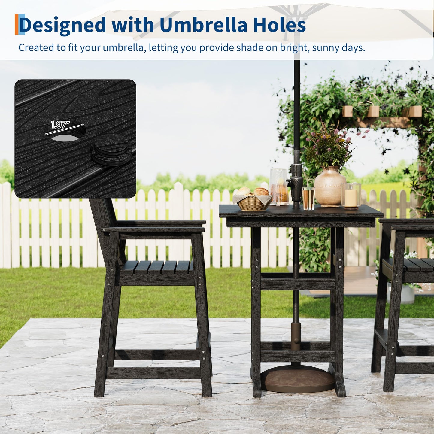 GarveeHome Outdoor Slatted Bar Table and Chairs Set for 3, 3-Piece Bar Height Table and Chairs with Umbrella Hole and Footrest, HDPE All-Weather Patio Bar Set for Balcony, Backyard, Poolside, Black