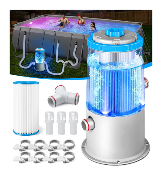 KimPump 1000 GPH Light-Up Pool Filter Pump for Above Ground Pool|Built-in Blue LED Light,Transparent Housing for Real-Time Water Circulation &Filtration Monitor, Pool Cartridge Filter Pump System Cyan