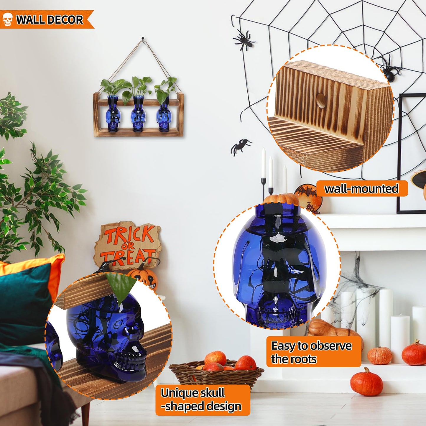 Plant Terrarium Propagation Stations Hydroponics Halloween Skull Planter Vase Skulls Decor with Wooden Stand Gift for Father